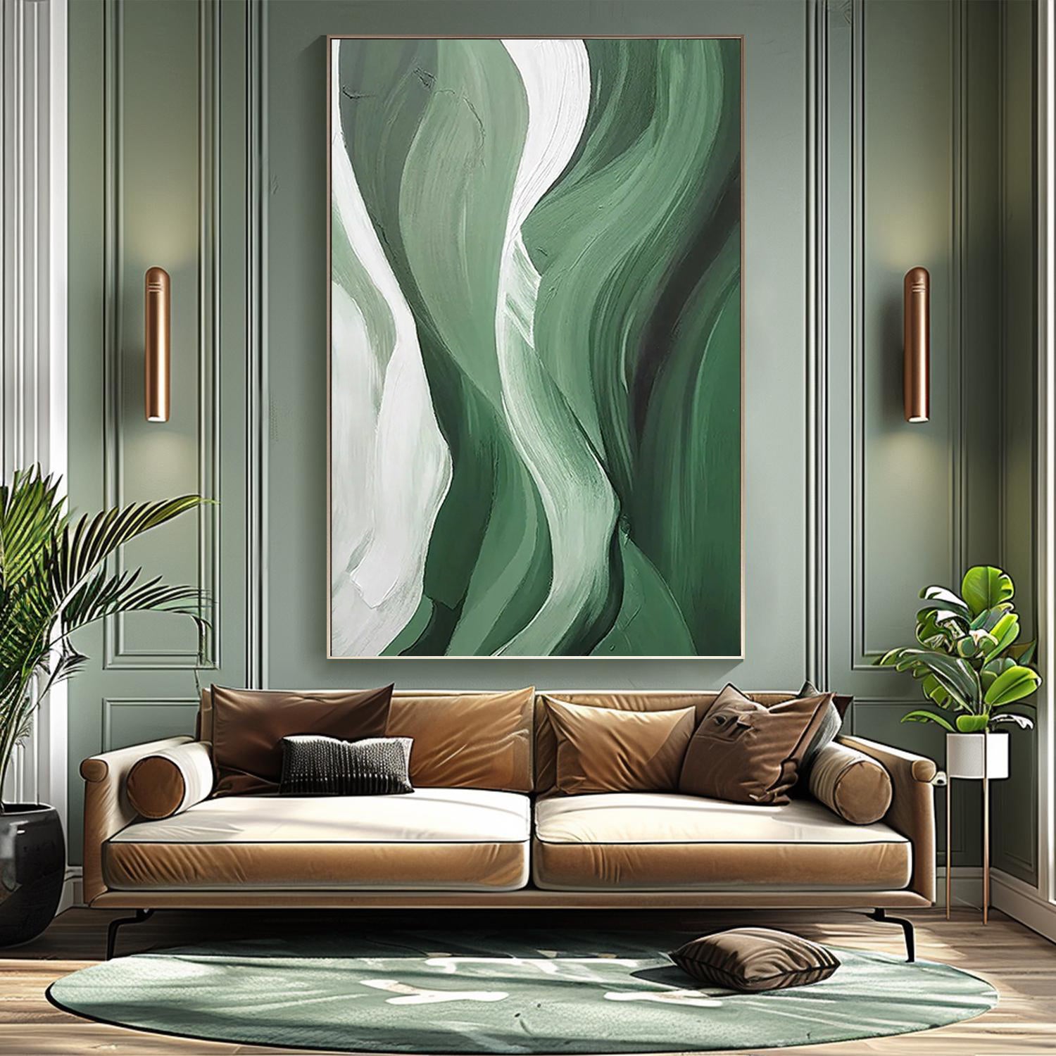SAGE RHYTHM: Texture Wall Art, Hand-Painted Sage Green and Olive Wave Palette Knife 3D Impasto Studio Art