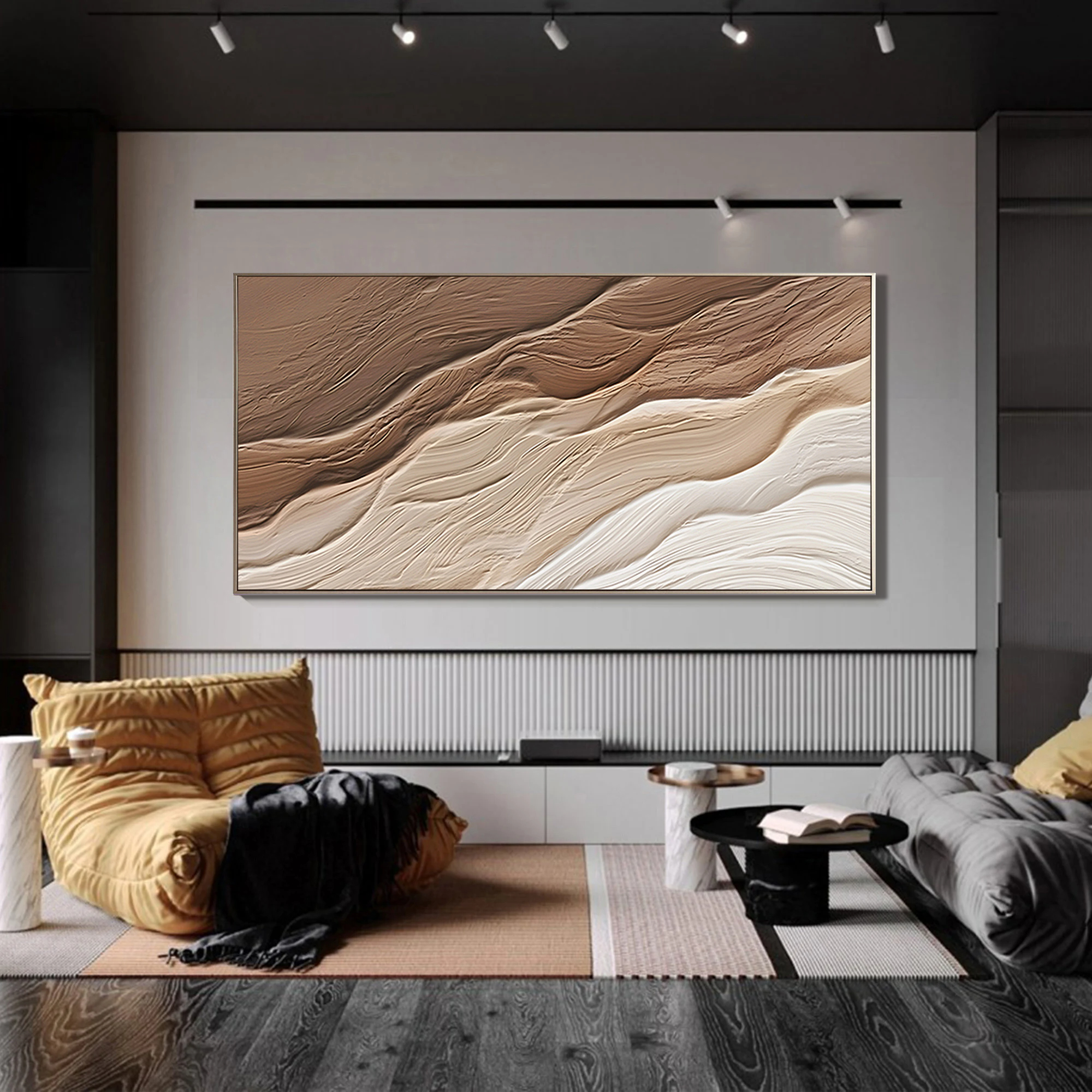 Sedimentary Flow – Hand-Painted Chocolate and Oat Linear Plaster Relief Texture Painting | Contemporary Plaster Texture Living Room & Office Art