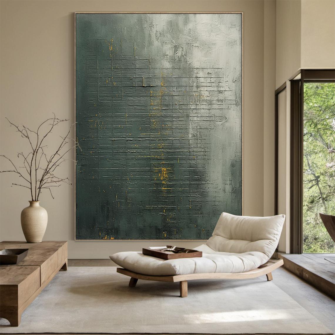 Golden Patina – Hand-Painted Distressed Dark Green Gold Foil Plaster Relief Wabi-Sabi Painting | Japandi Wabi-Sabi Living Room & Bedroom Art