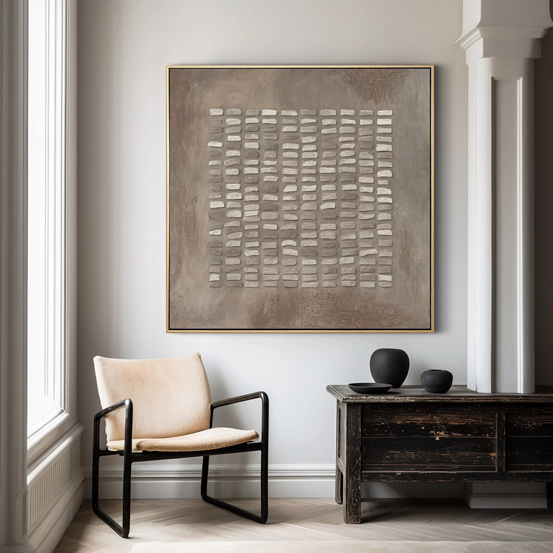 Zen Lattice – Plaster Grid Relief Abstract Wabi-Sabi Painting | Japandi Wabi-Sabi Living Room & Bedroom Art