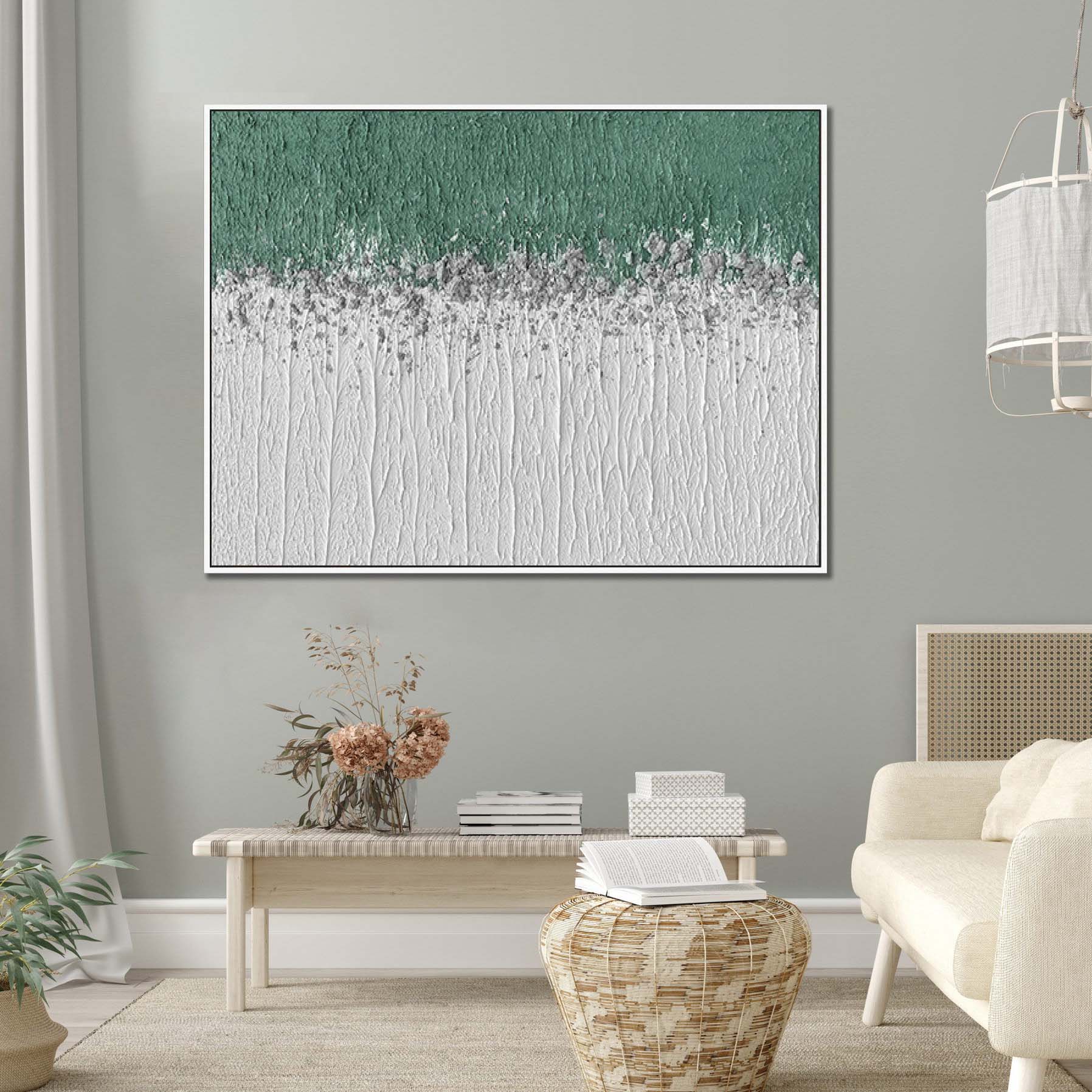 Misty Meadow – Panoramic Linear Texture Art | Heavy Impasto Green & White Abstract Living Room Decor