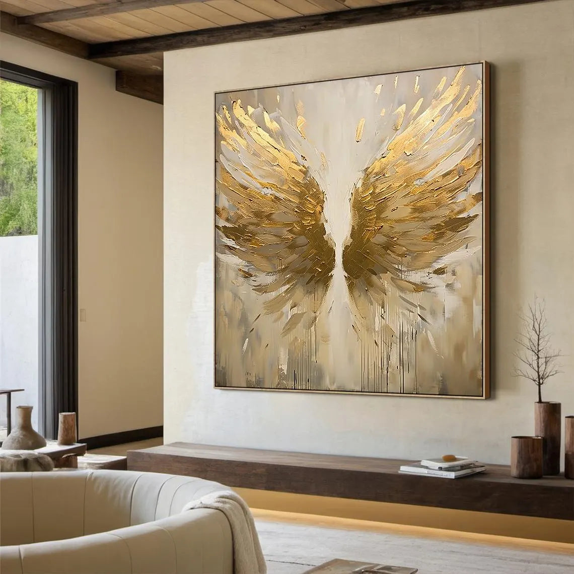 Seraphim Wings – Modern Luxury Gold Impasto Abstract Painting | High-End Textured Hallway Art