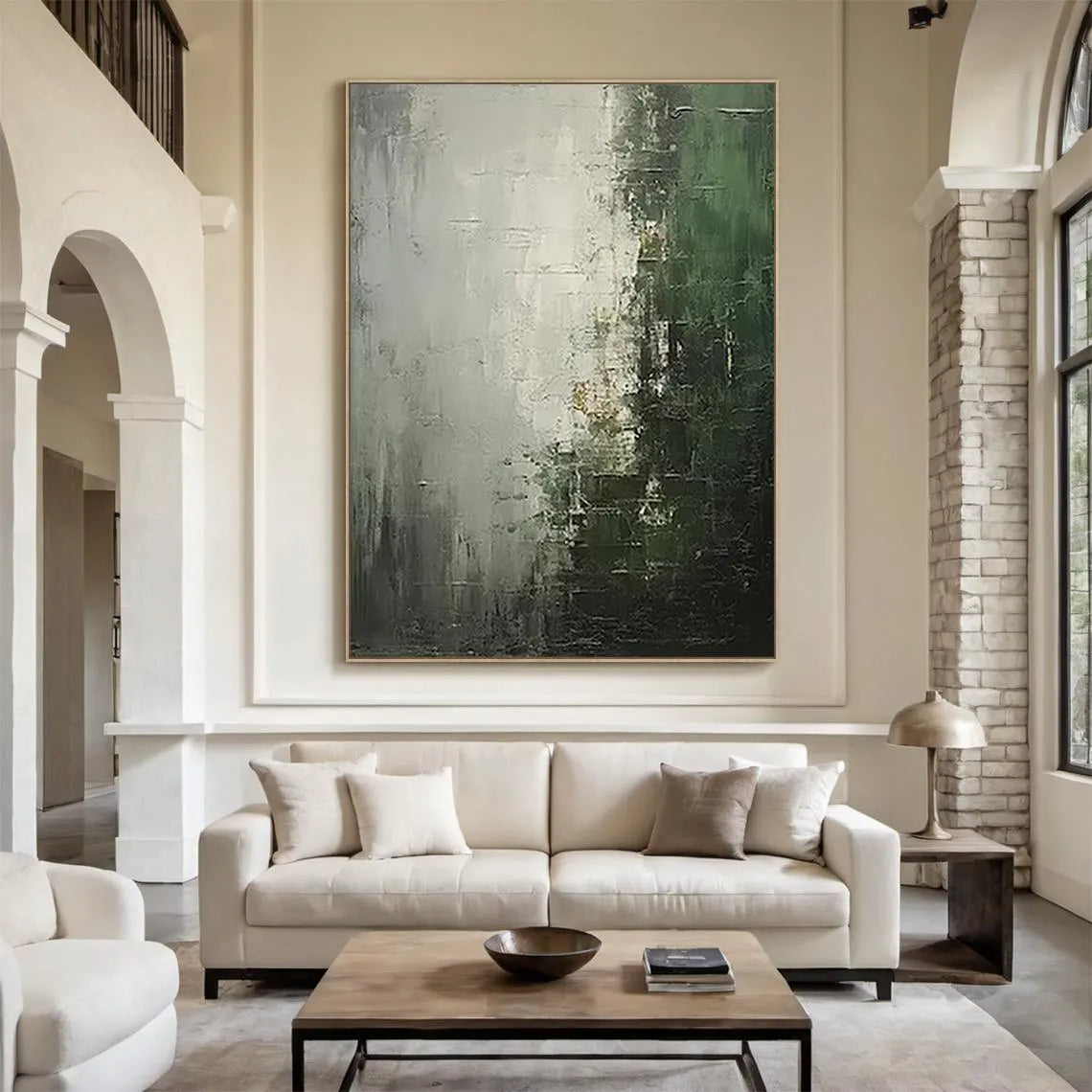 Forest Mist – Hand-Painted Dark Green and Grey Plaster Effect Wabi-Sabi Painting | Contemporary Landscape Living Room & Dining Room Art