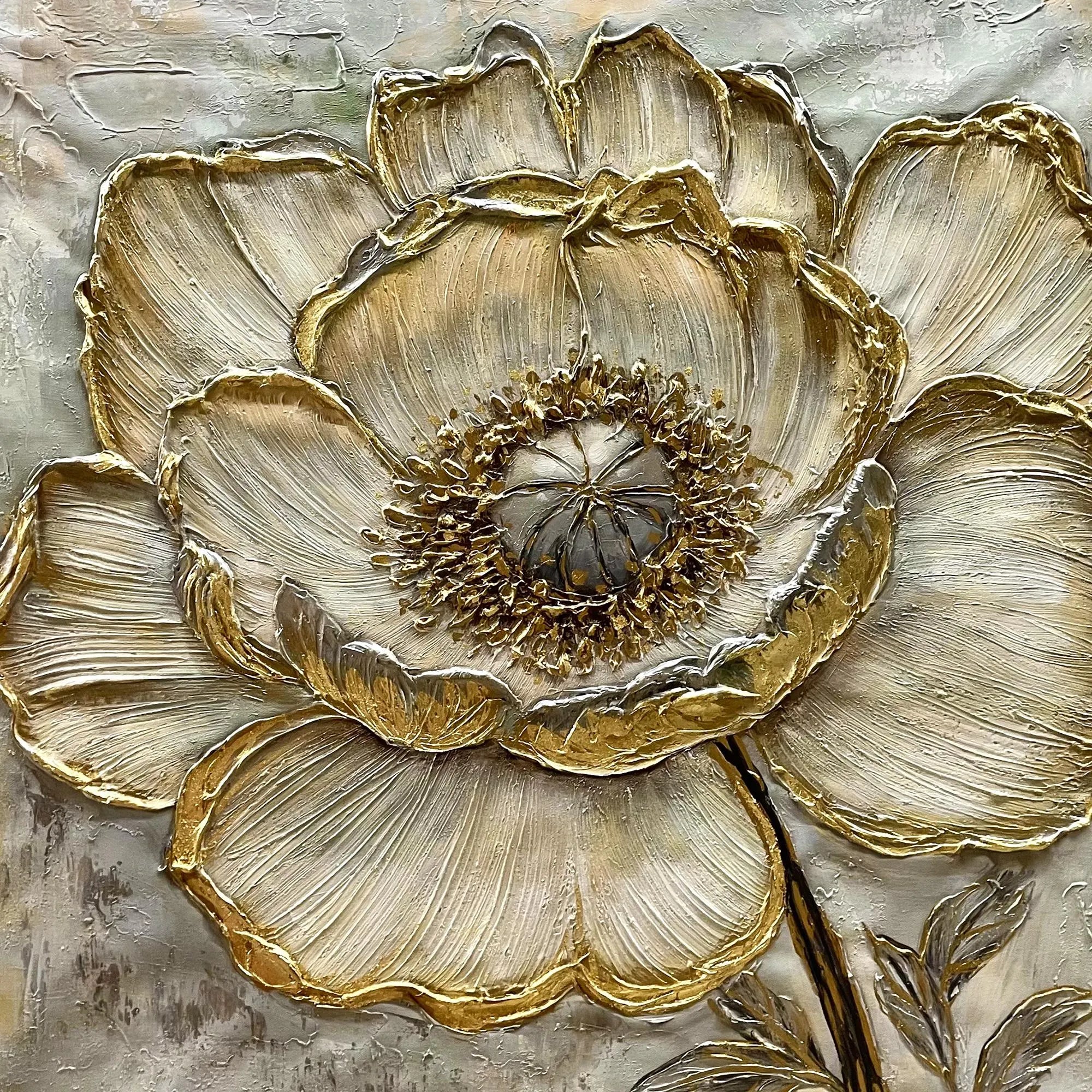 Gilded Bloom – Modern Luxury 3D Relief Oil Painting | Metallic Peony Flower Textured Bedroom Art