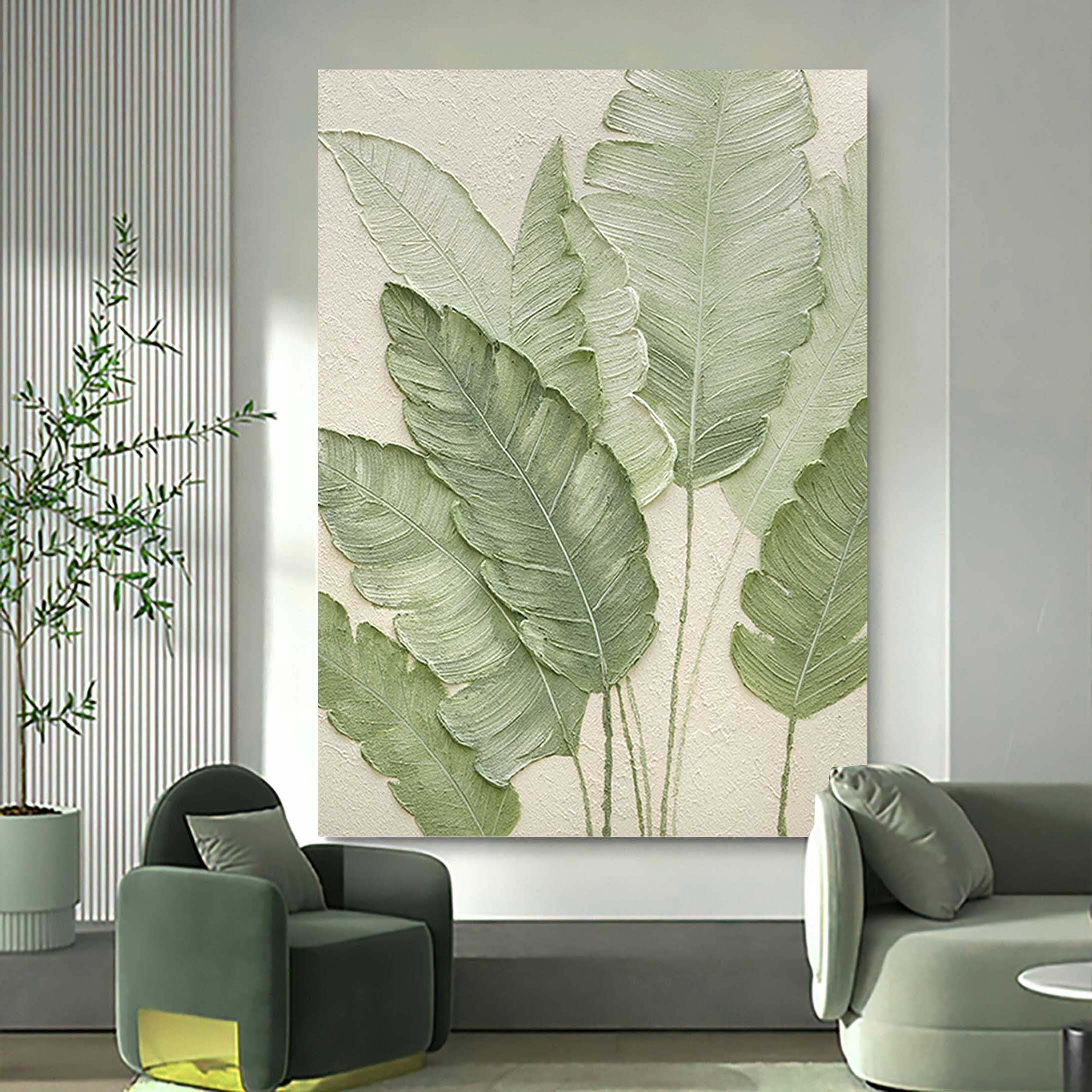 EMERALD WHISPER: 3D Textured Banana Leaf Wall Art, Right-Facing Botanical Relief with Gold Edges