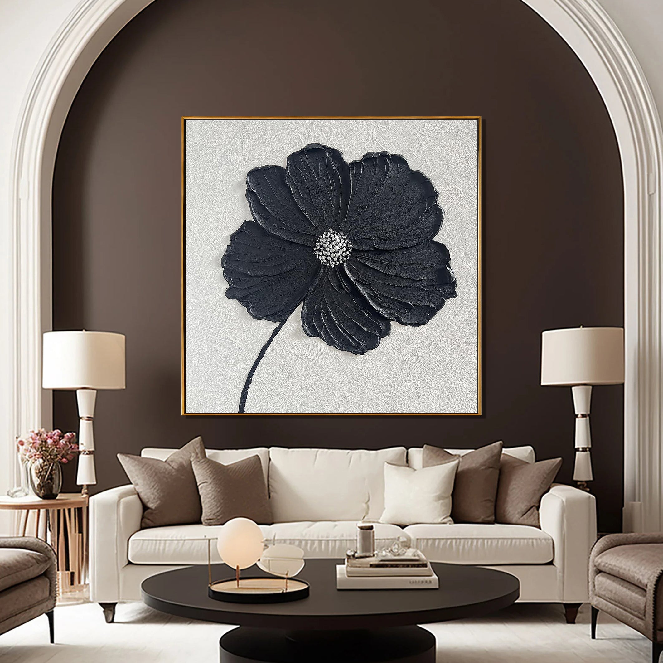 Midnight Petal – Black Minimalist Plaster Relief Floral Painting | Contemporary Botanical Bedroom & Living Room Art