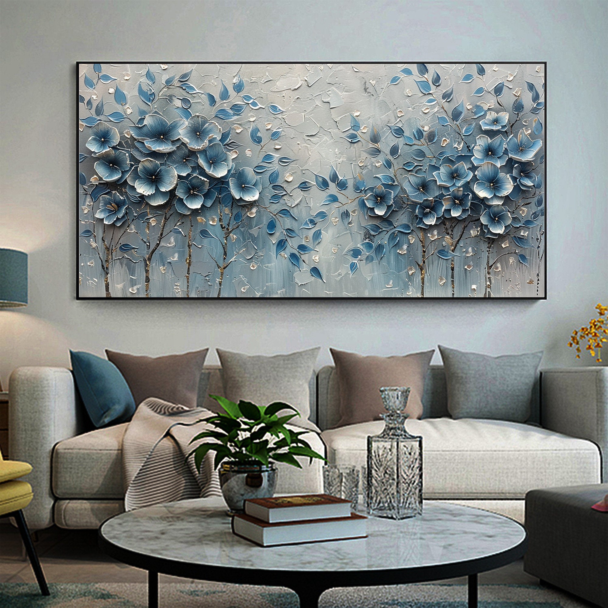 MIDNIGHT NAVY: Panoramic Heavy Texture Floral Oil Painting, 3D Blue Flower Wall Art