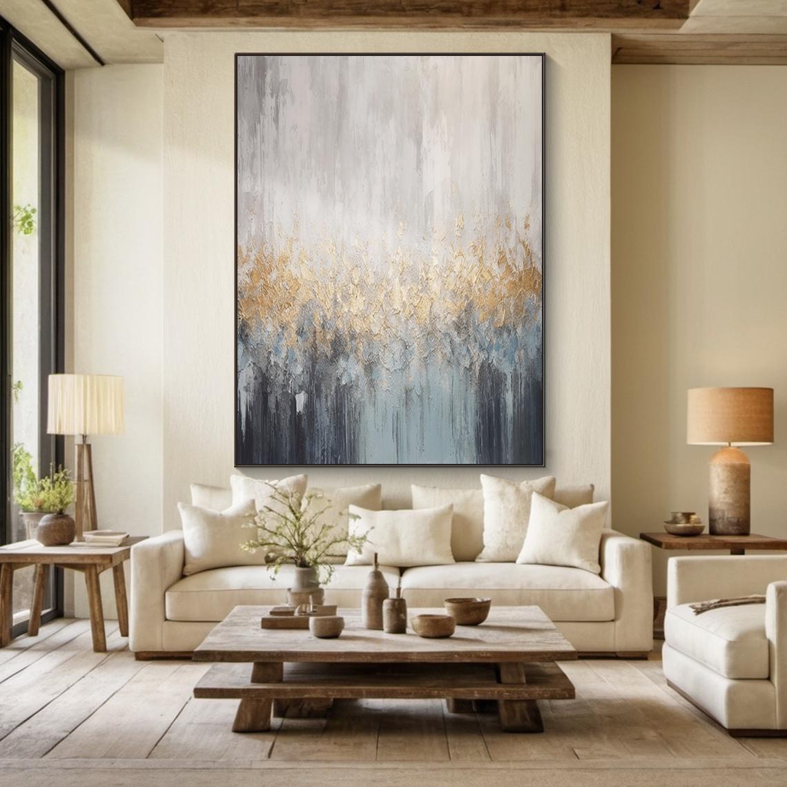 Golden Mist – Hand-Painted Grey and Gold Foil Abstract Plaster Effect Wabi-Sabi Painting | Japandi Wabi-Sabi Living Room & Bedroom Art