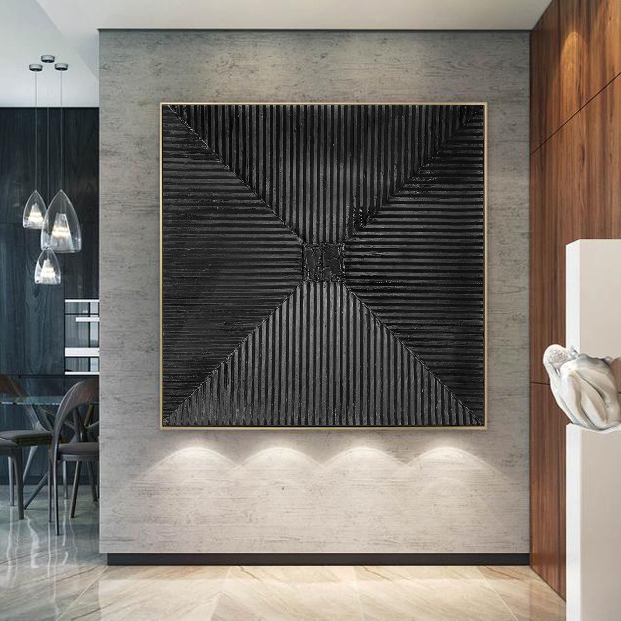 Dark Radiance – Modern Wabi-Sabi Radial Relief Monochromatic Minimalist Painting | Japandi Wabi-Sabi Living Room & Bedroom Art