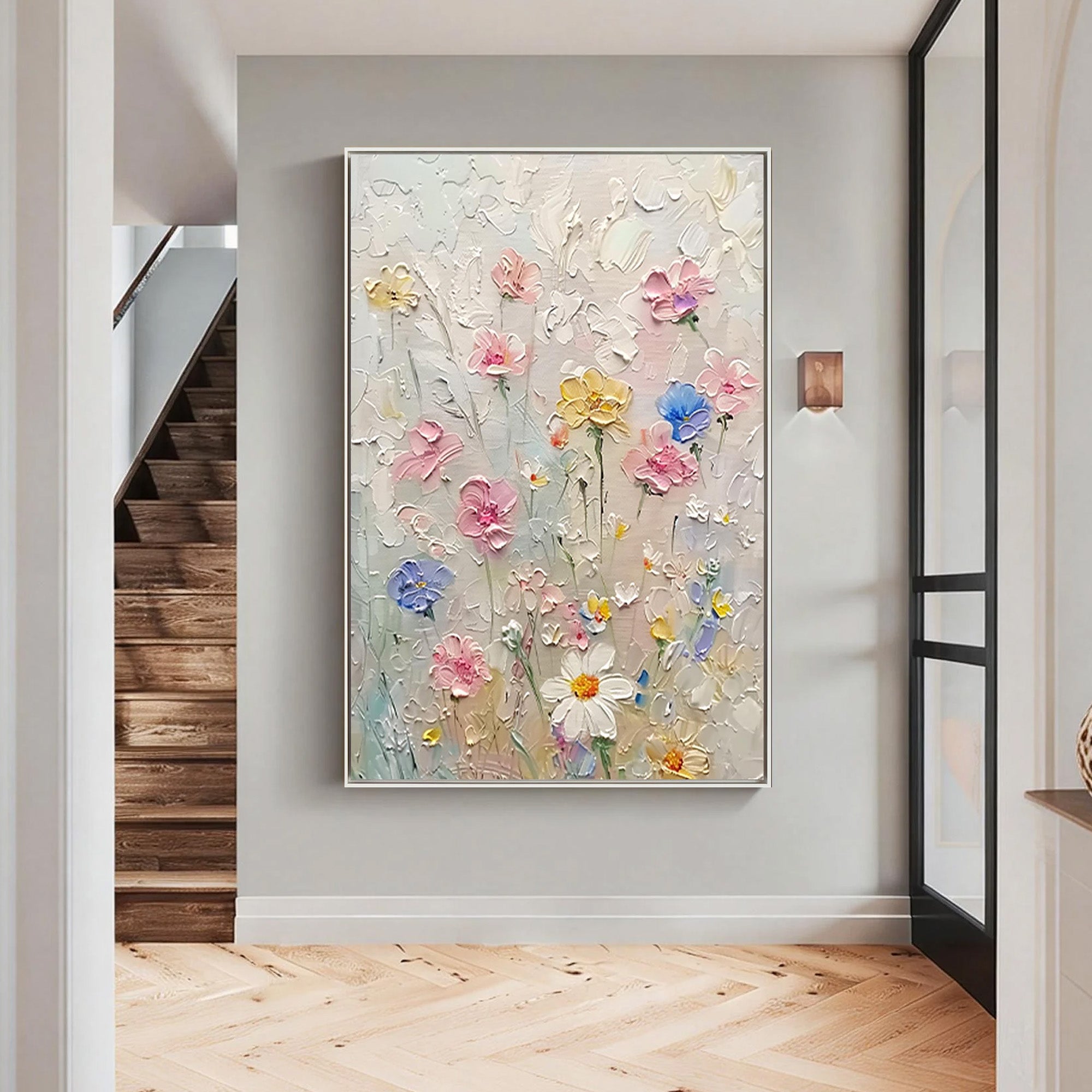 Wild Daisy – Hand-Painted Minimalist Beige and Pink 3D Floral Painting | Soft Organic Botanical Bedroom & Living Room Art