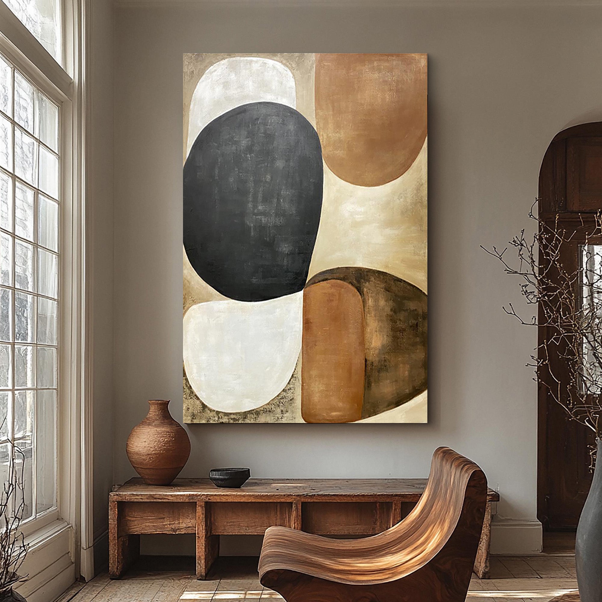 Earthen Echo – Organic Pebble Shapes in Terracotta & Slate Abstract Painting | Japandi Organic Wabi-Sabi Living Room & Hallway Art
