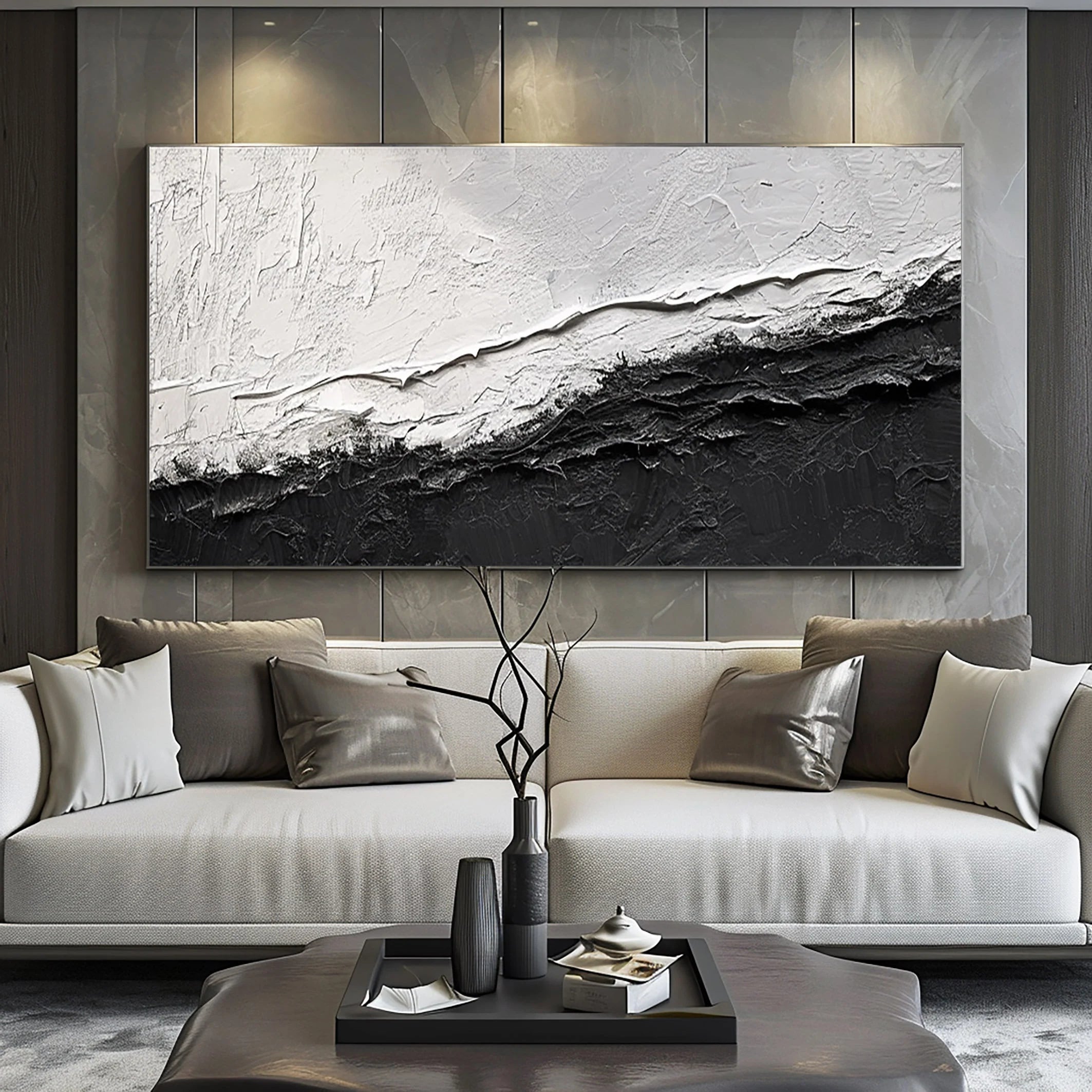 Mono Divide – Industrial Minimalist Black & White Painting | Textured Abstract Living Room Art