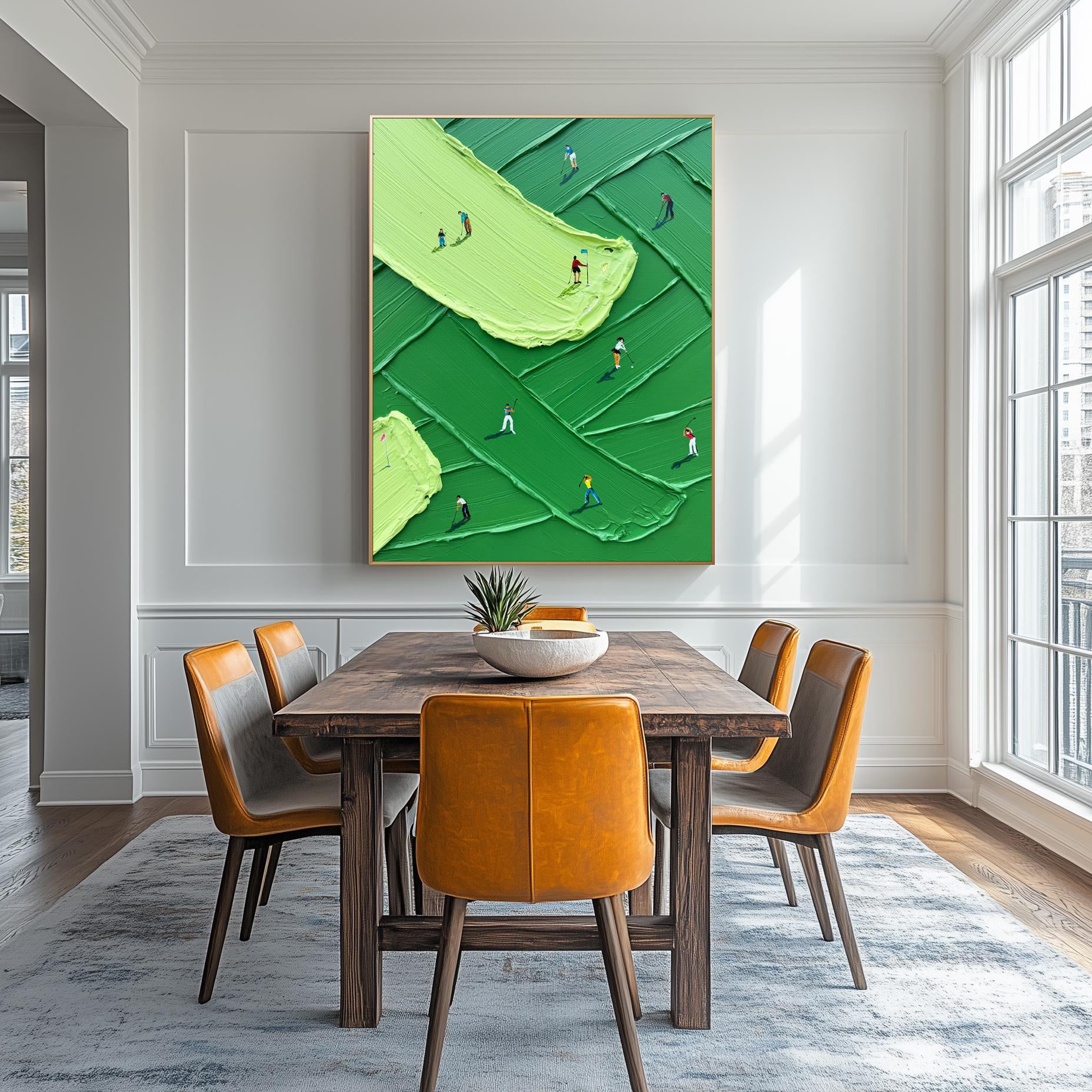 VIBRANT FAIRWAY: Sport Wall Art, Hand-Painted Green Grass Texture Minimalist Golfers 3D Heavy Texture Canvas Painting