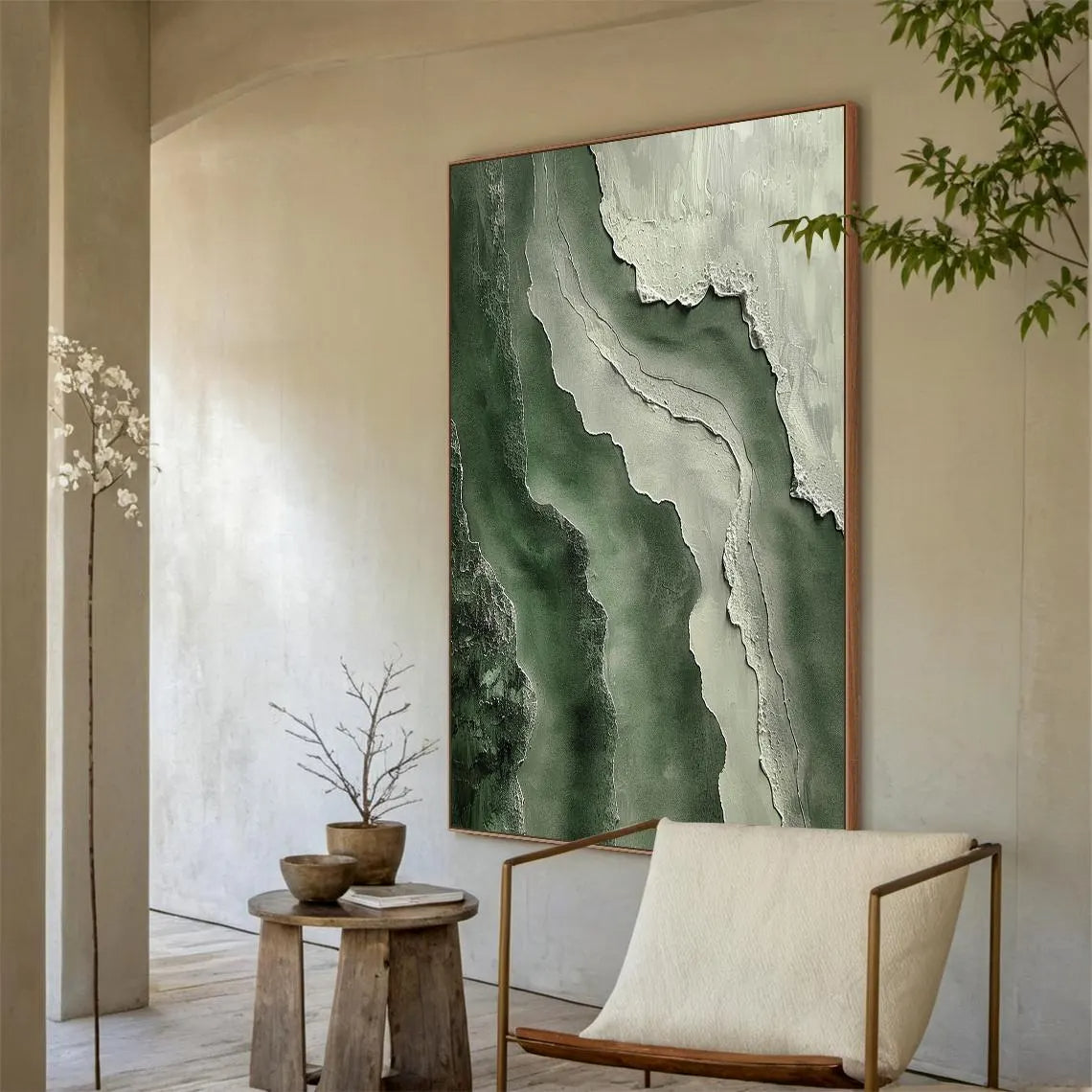 Moss Strata – Hand-Painted Deep Green and Sage Plaster Effect Wave Texture Painting | Organic Contemporary Texture Living Room & Bedroom Art