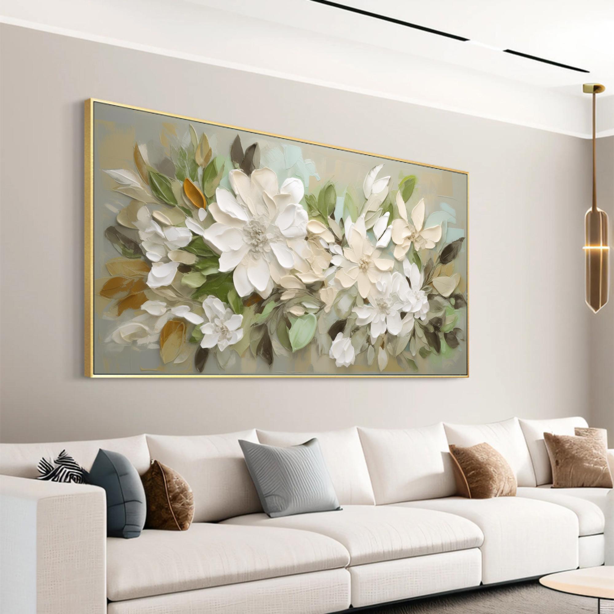 Magnolia Mist – Hand-Painted Sage Green and Off-White 3D Impasto Plaster Relief Floral Painting | Tropical Botanical Bedroom & Dining Room Art