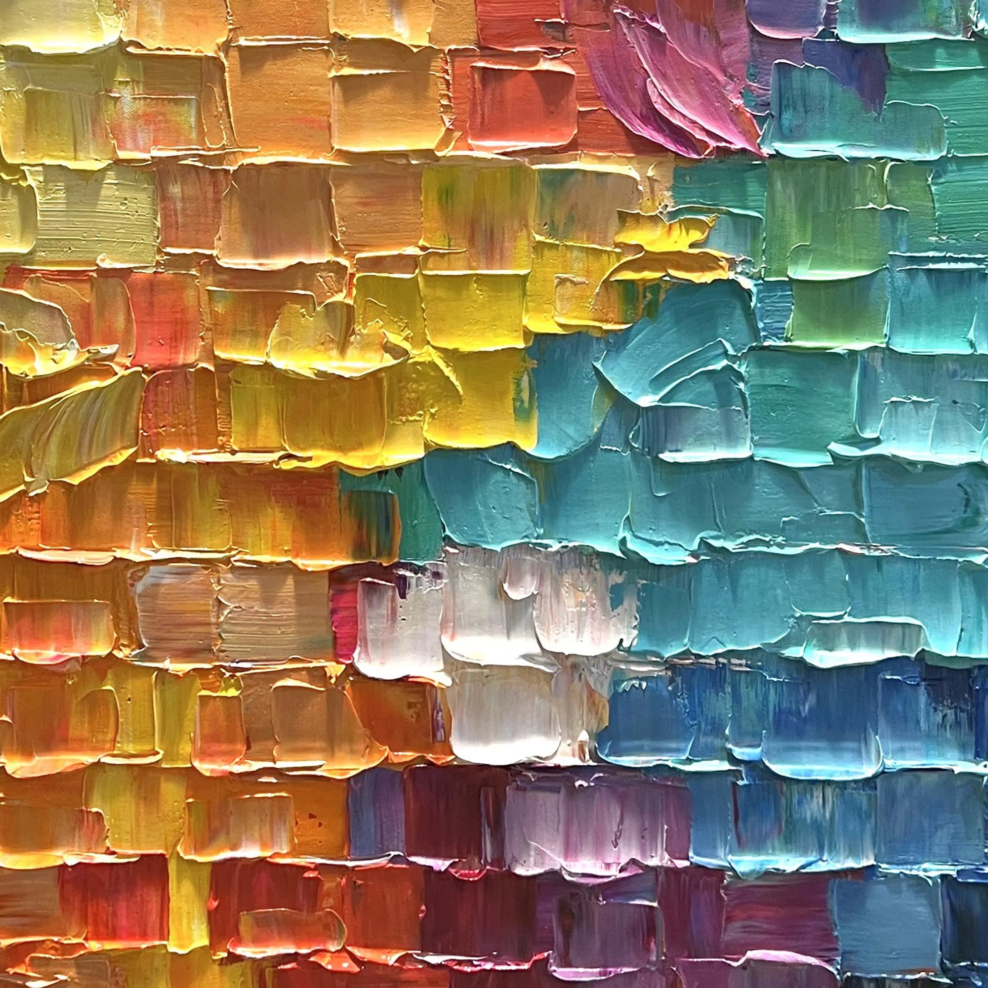 Chroma Grid – Modern Impasto Pixelated Abstract Oil Painting | Creative 3D Textured Mosaic Hallway Art