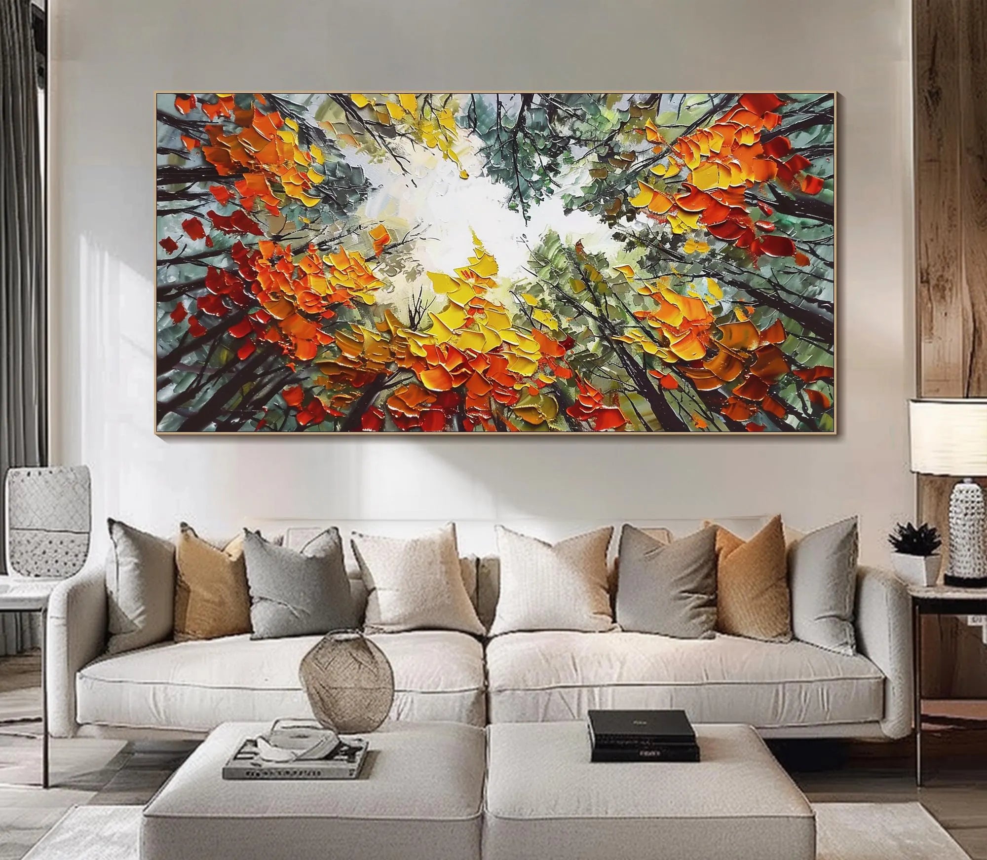 Autumn Canopy – Hand-Painted Worm's-Eye View Autumn Tree Leaves Palette Knife Forest Painting | Contemporary Landscape Living Room & Dining Room Art