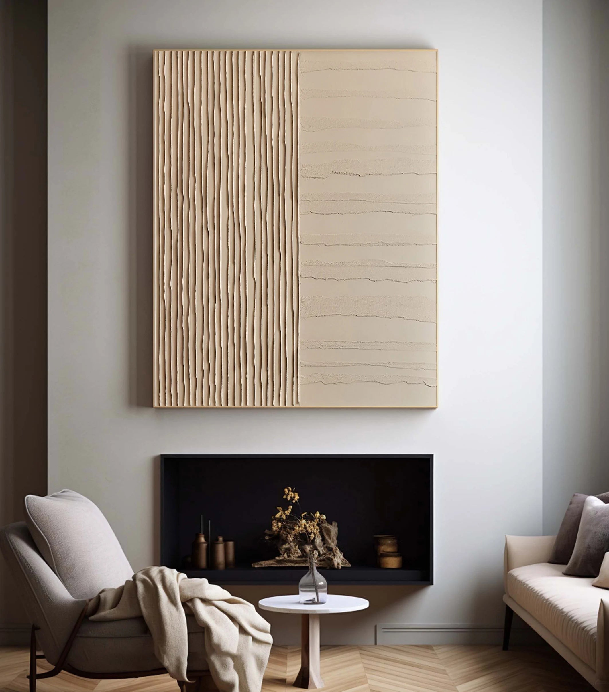Linear Harmony – Hand-Painted Minimalist Beige Line Plaster Effect Relief Wabi-Sabi Painting | Japandi Organic Wabi-Sabi Living Room & Hallway Art