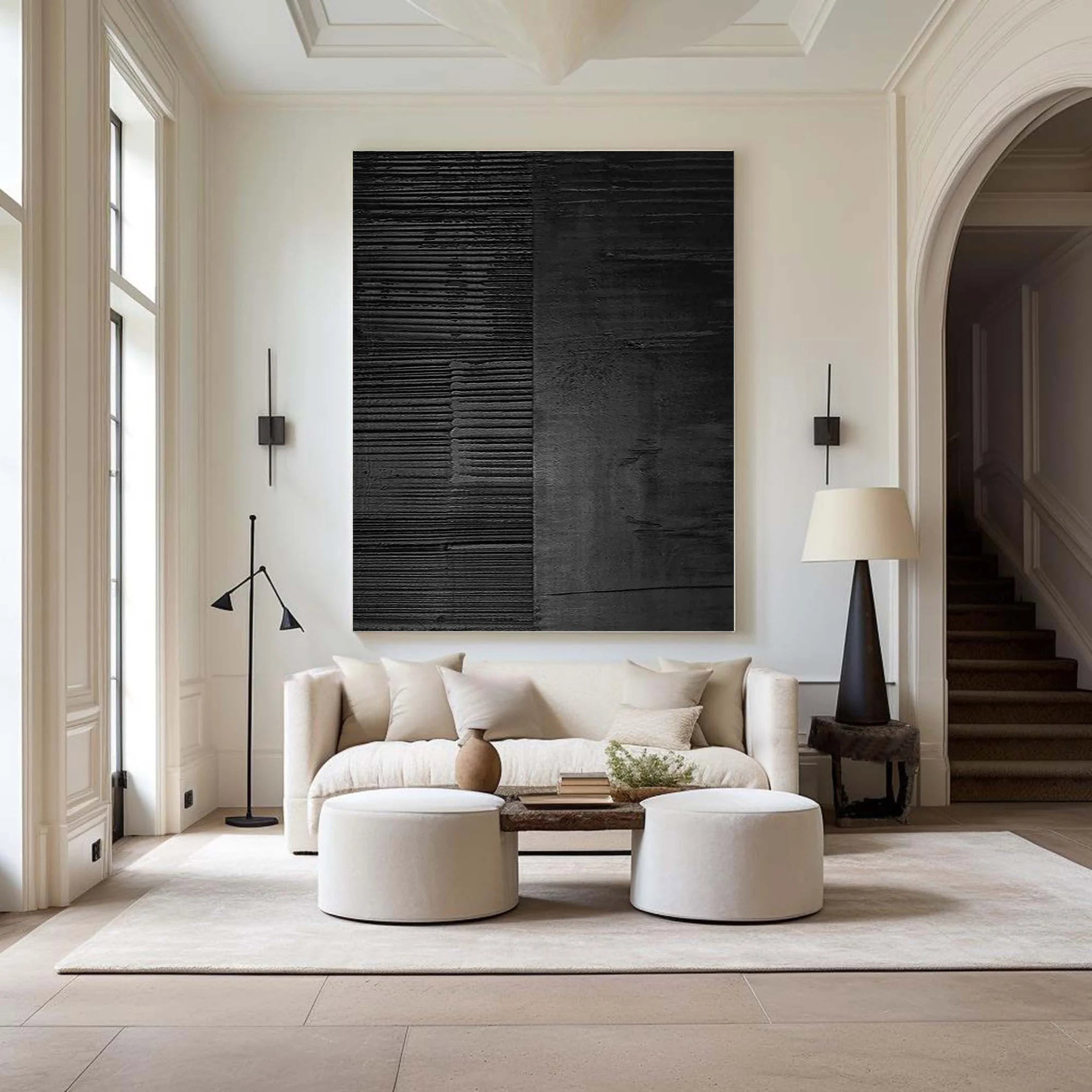 Carbon Grid – Hand-Painted Pure Black Plaster Effect Industrial Line Relief Wabi-Sabi Painting | Japandi Wabi-Sabi Living Room & Bedroom Art