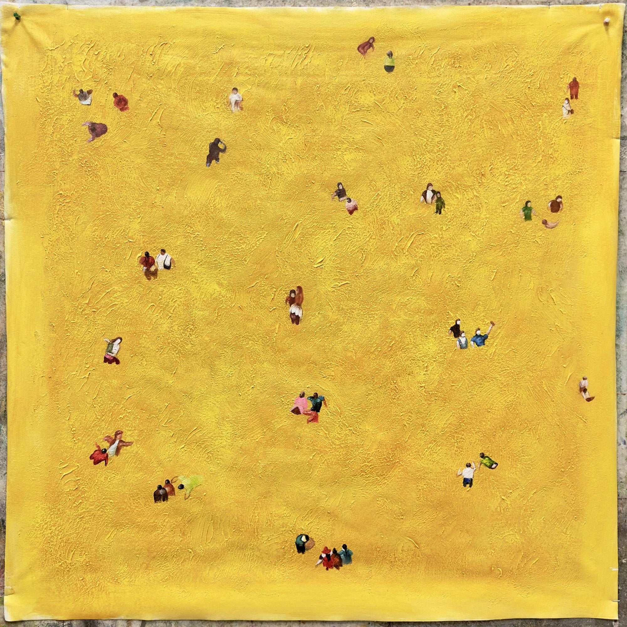 Golden Wanderers – Aerial Mustard-Gold Figures Painting | Contemporary Minimalist Living Room Art