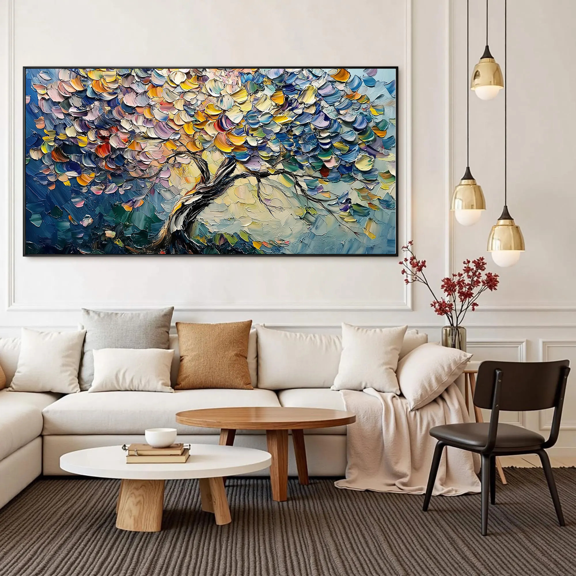 VIBRANT BLOOM: Floral Wall Art, Hand-Painted Horizontal Rainbow Tree 3D Palette Knife Heavy Texture Gallery Art