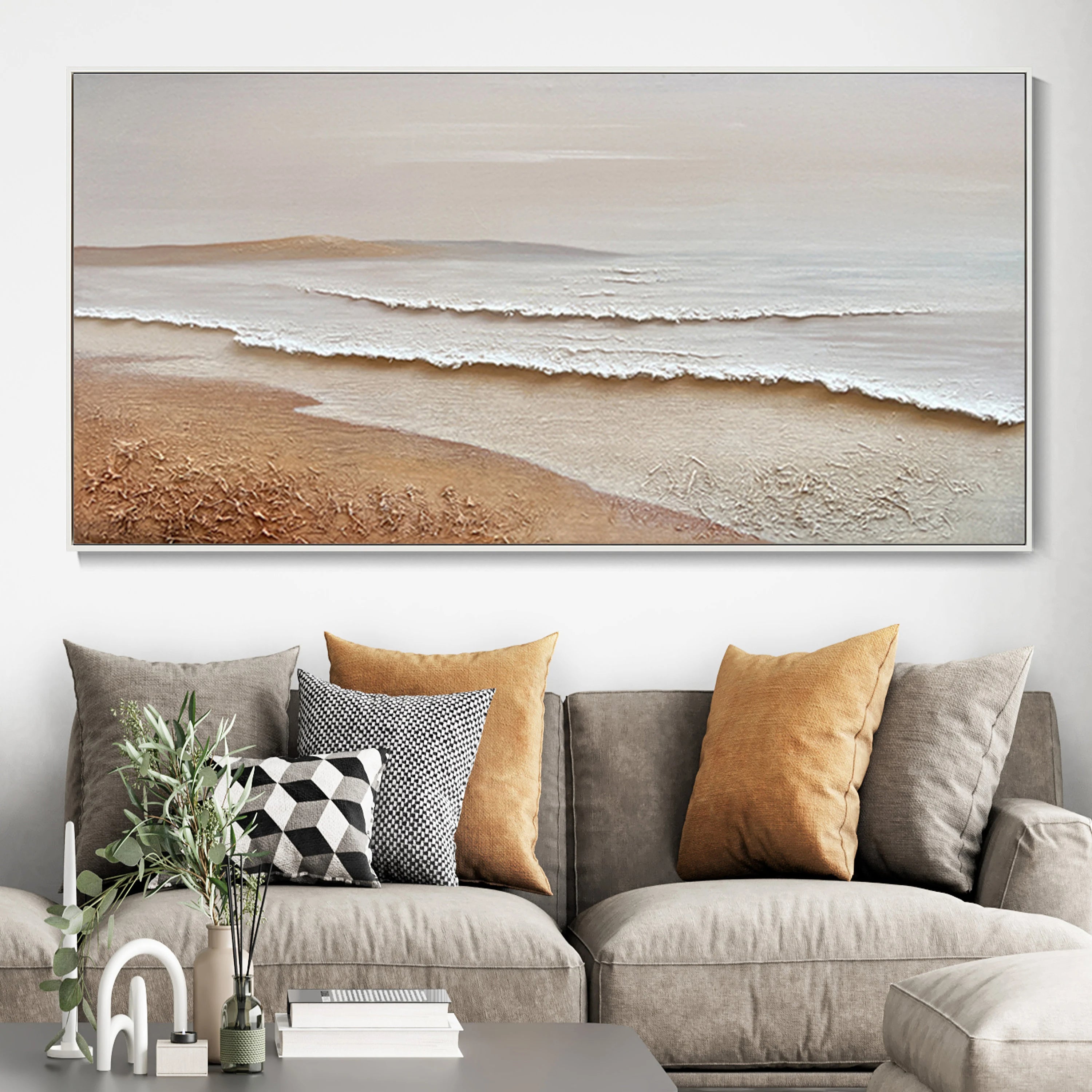 SANDY RHYTHM: Panoramic 3D Plaster Texture Coastal Wall Art, Wabi-Sabi Sand & Wave Relief