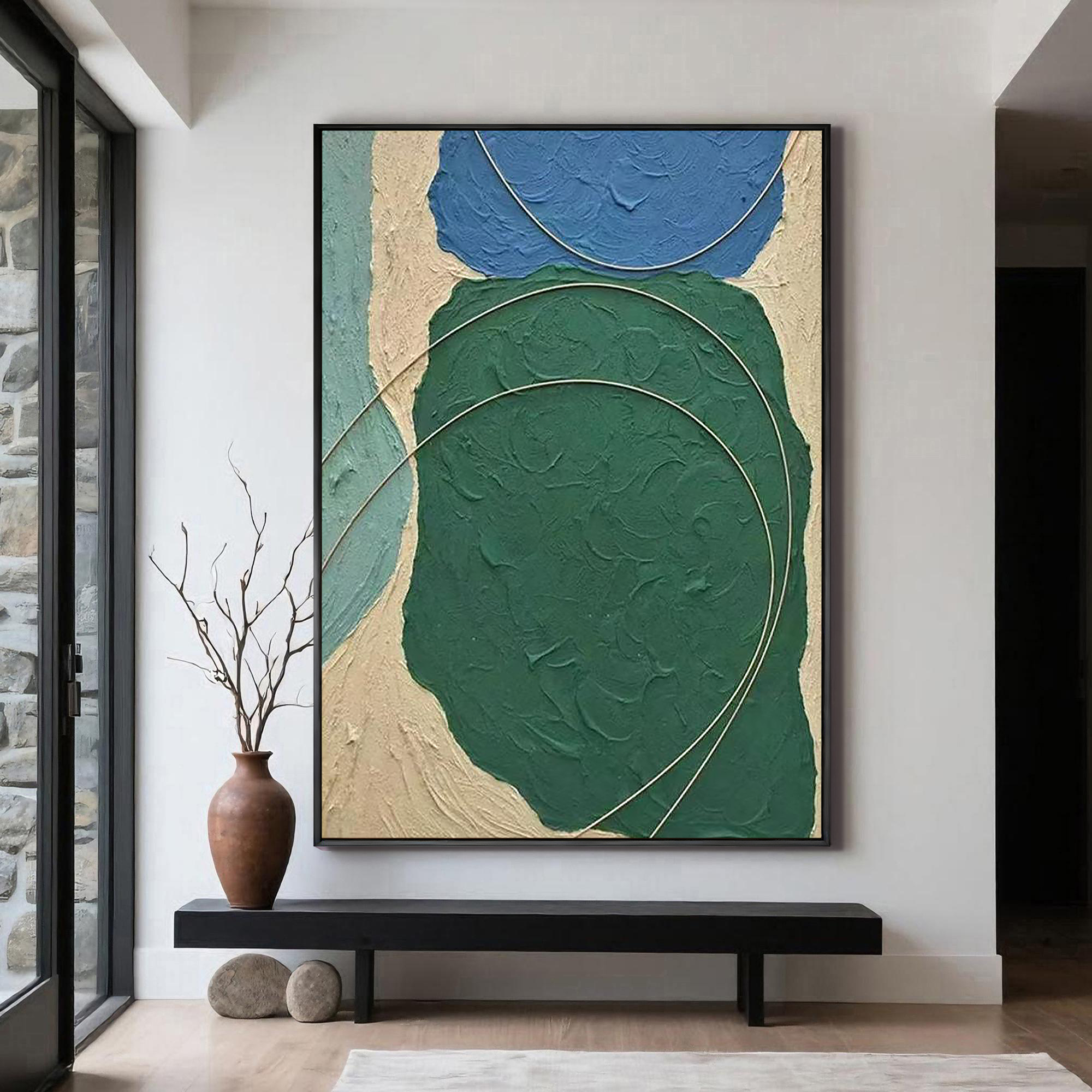 Emerald Vein – Hand-Painted Deep Green Plaster Effect Gold Line Relief Texture Painting | Modern Luxury Metallic Living Room & Hotel Art