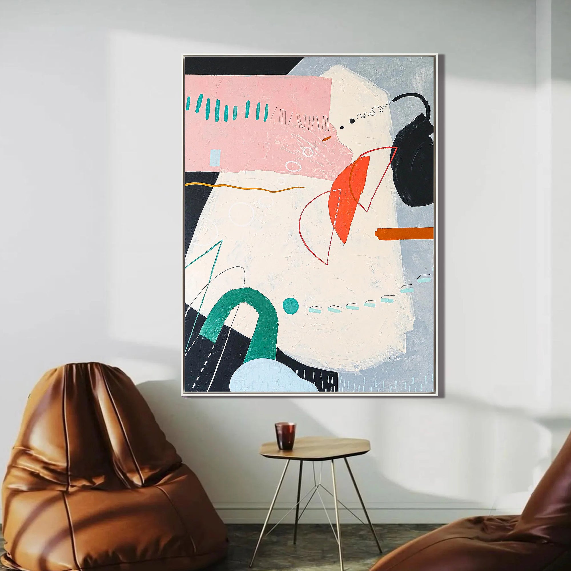 Pastel Geometric – Hand-Painted Soft Pink and Teal Geometric Shapes Abstract Painting | Modern Abstract Living Room & Office Art