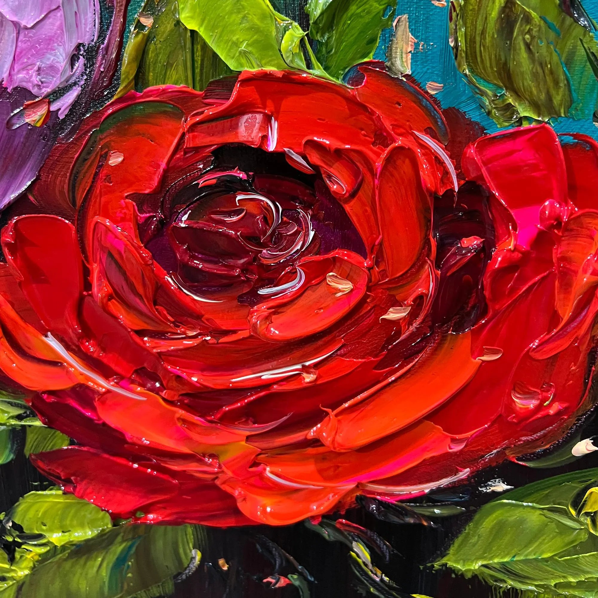 Velvet Roses – Vibrant Floral Relief Floral Painting | Vibrant Botanical Living Room & Dining Room Art