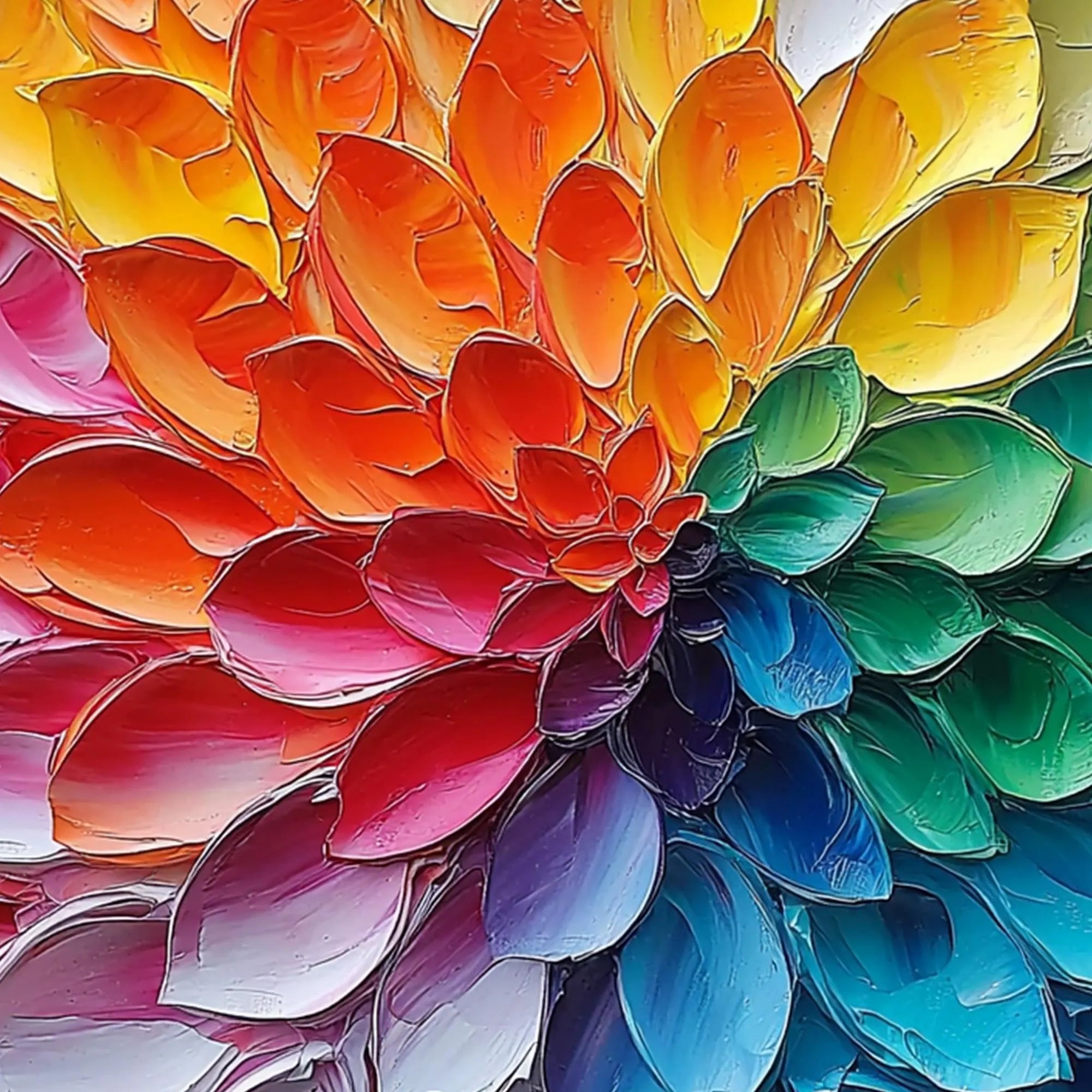 RAINBOW RADIANCE: Modern Square 3D Heavy Texture Abstract Wall Art, Vibrant Petal Relief Canvas