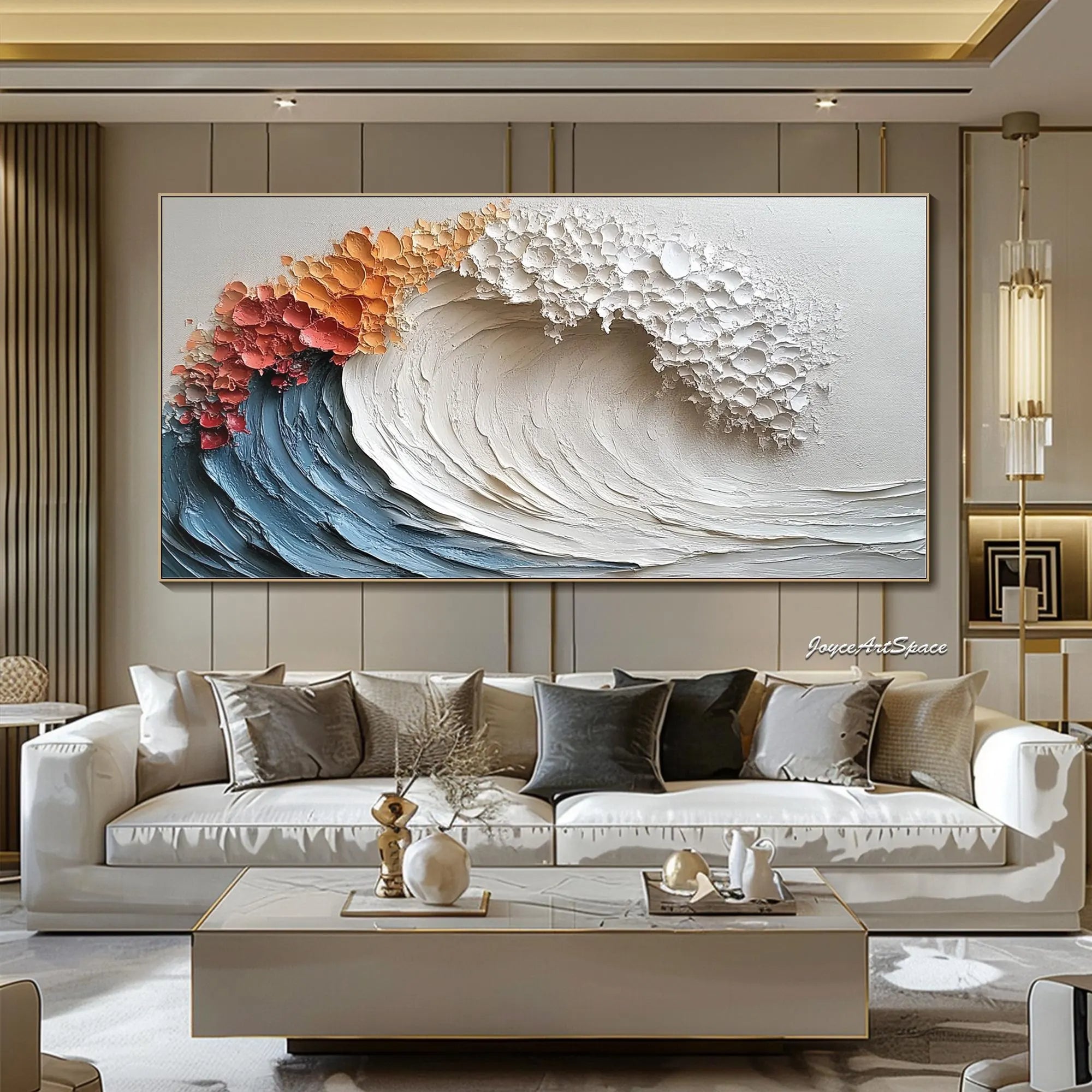 CRUSHING WAVE: Panoramic 3D Heavy Texture Ocean Wall Art, Modern Blue & White Wave Relief