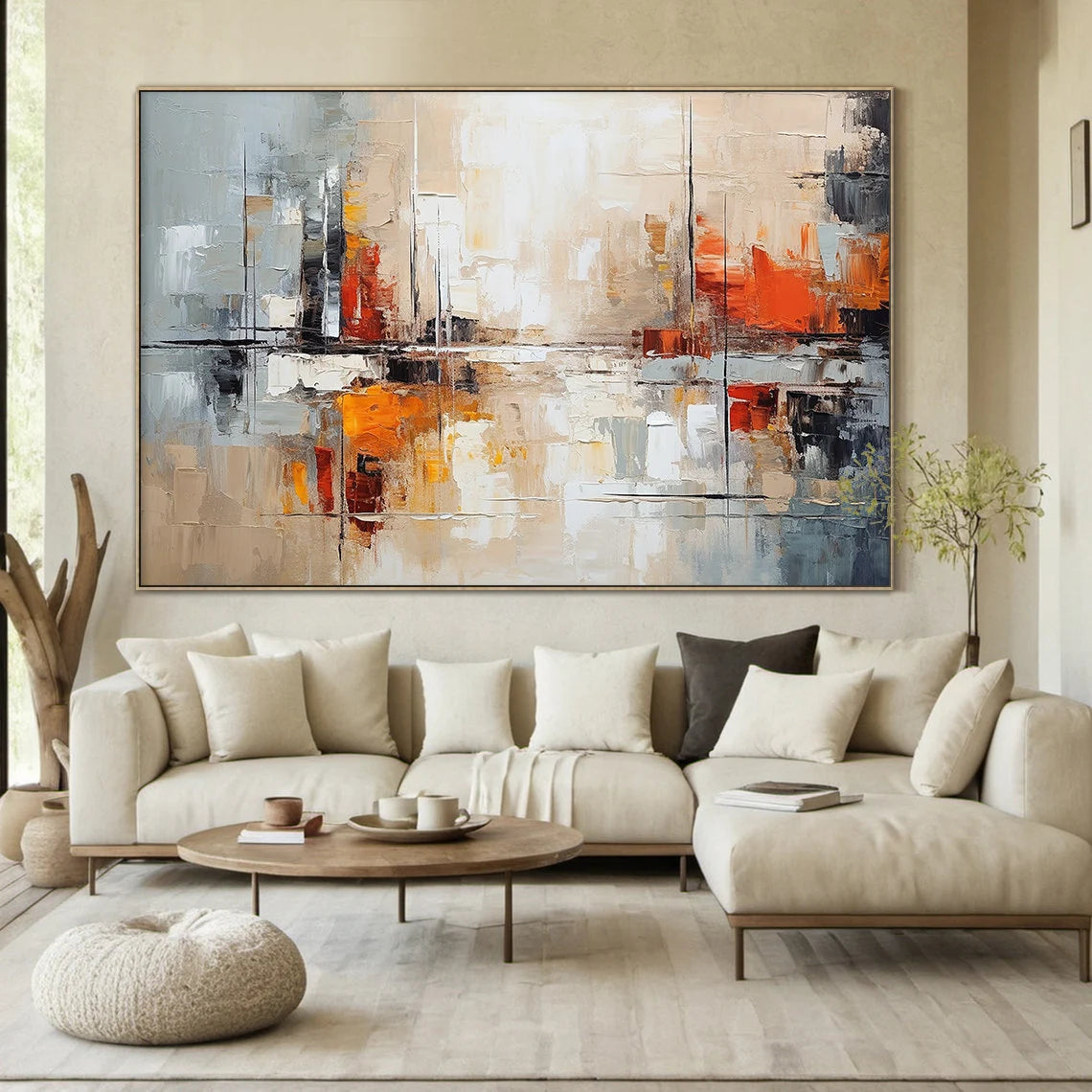 Urban Glow – Modern Orange & Grey Palette Knife Relief Abstract Painting | Modern Abstract Living Room & Office Art