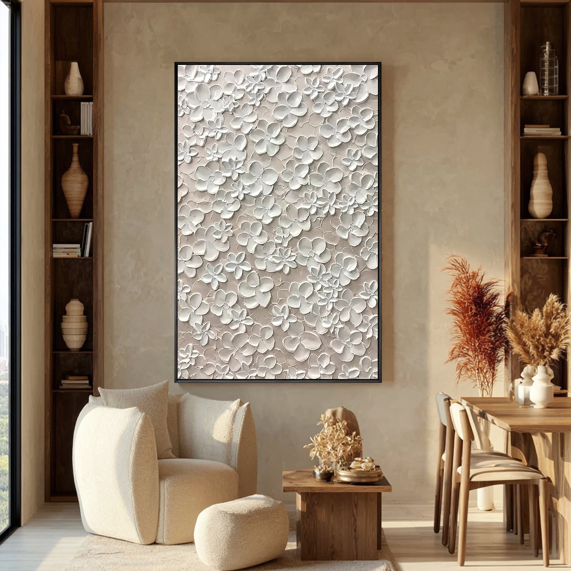 PURE BLOSSOM: Floral Wall Art, Hand-Painted All-Over White Flower Relief 3D Plaster Effect Heavy Texture Studio Art