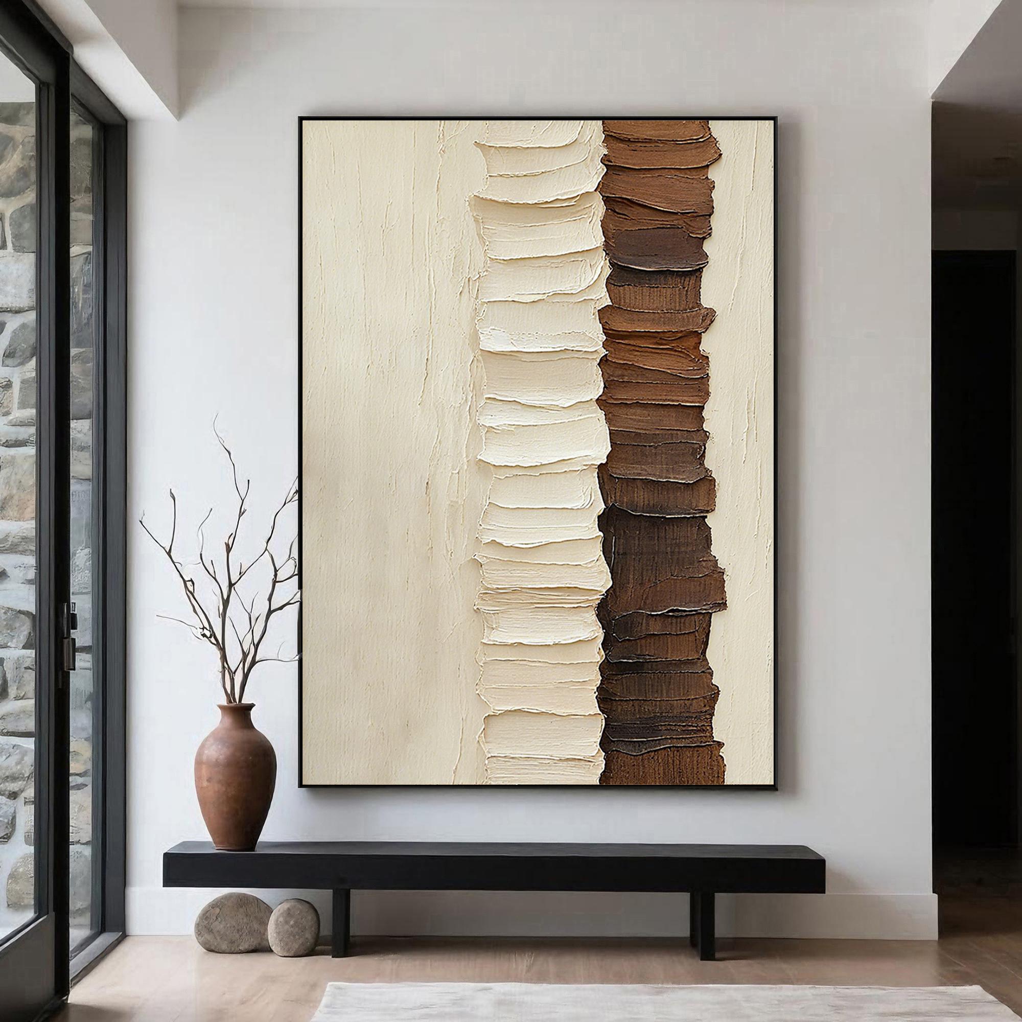 Vertical Ridge – Cream & Chocolate Palette Knife Relief Abstract Painting | Modern Abstract Living Room & Office Art