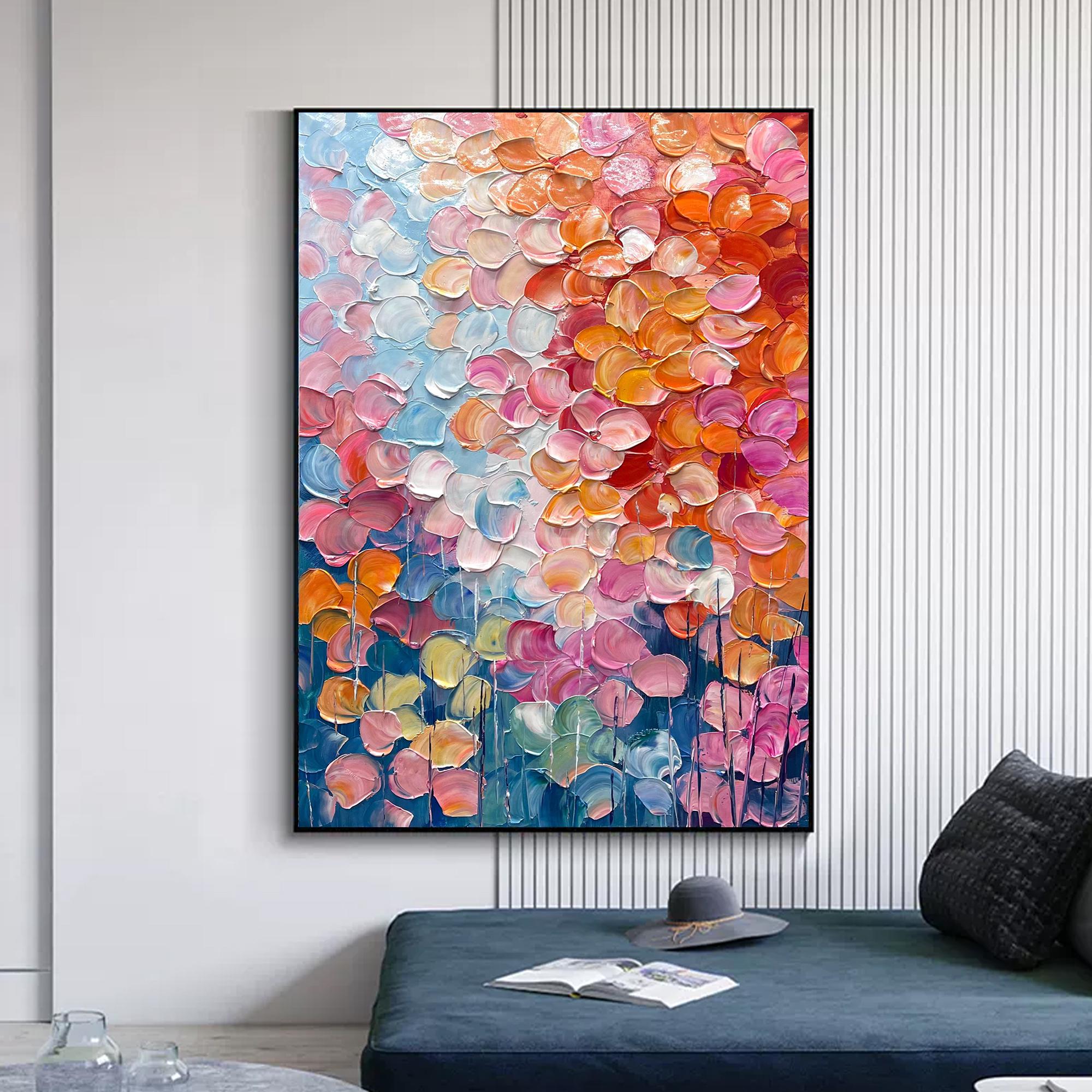 Vibrant Bloom – Hand-Painted Multicolored Rainbow Palette Knife Floral Painting | Vibrant Botanical Living Room & Dining Room Art