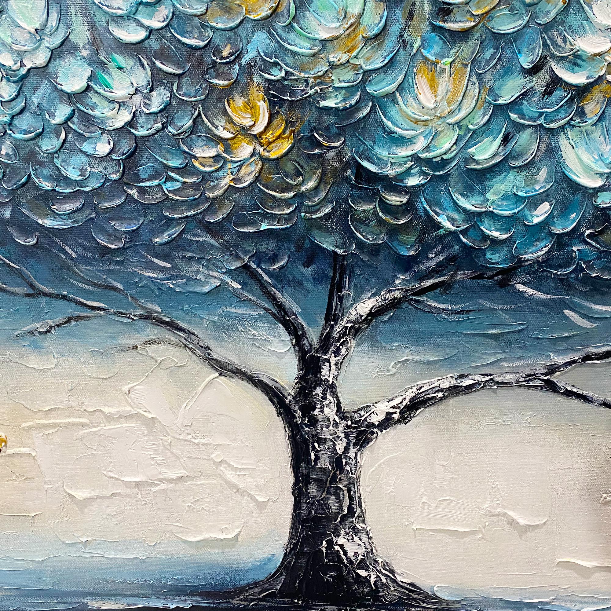 AZURE CANOPY: Tree Wall Art, Hand-Painted Blue and Grey Palette Knife Heavy Texture Canvas Oil Painting