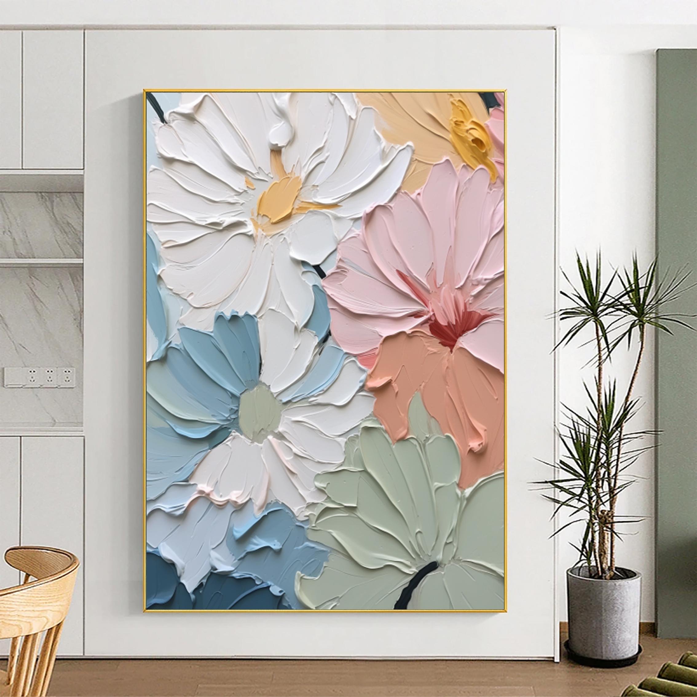 Pastel Blooms – Hand-Painted 3D Impasto Multicolored Flower Thick Floral Painting | Vibrant Botanical Living Room & Dining Room Art