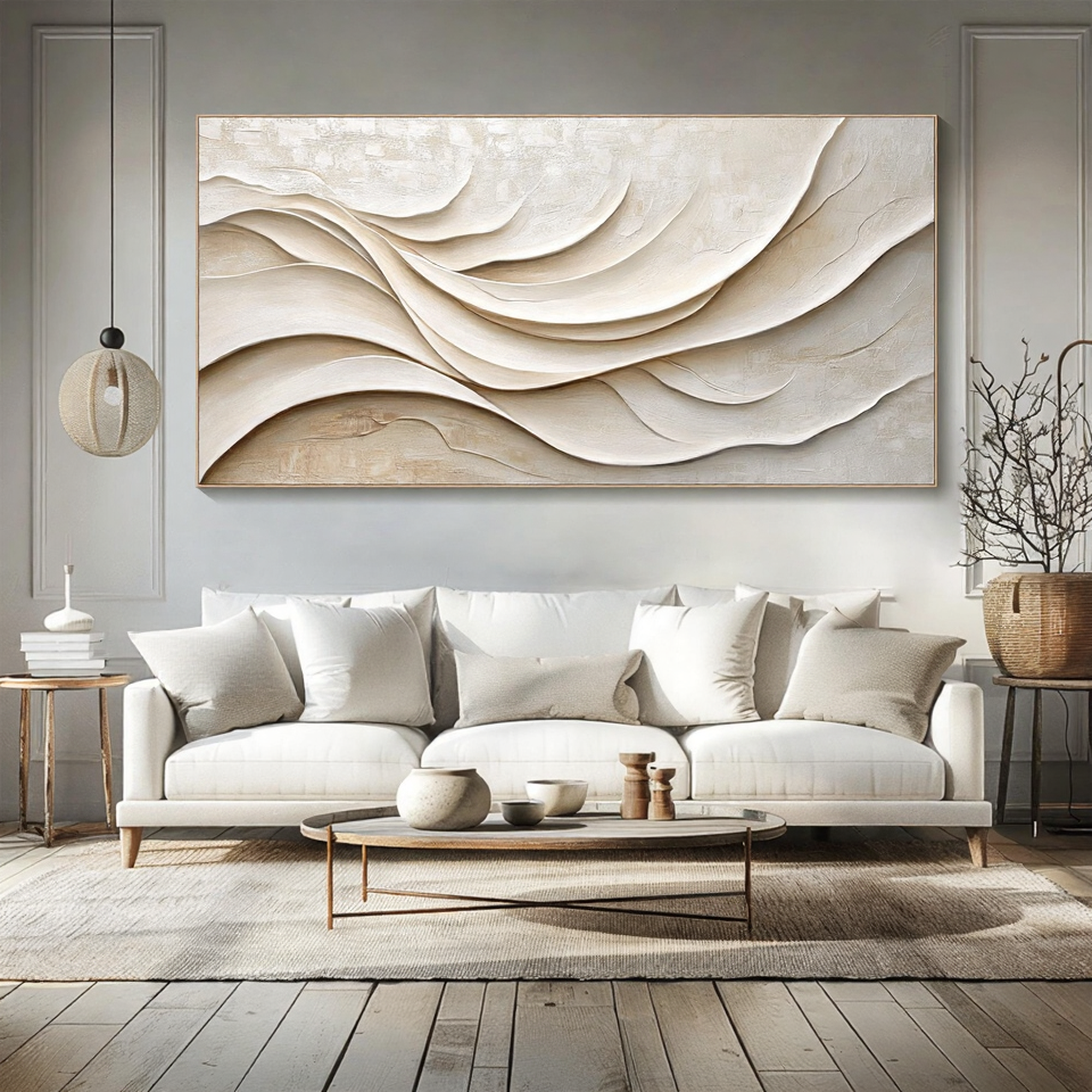 Silk Ripple – Hand-Painted Creamy White Fluid Plaster Relief Minimalist Painting | Modern Minimalist Bedroom & Home Office Art