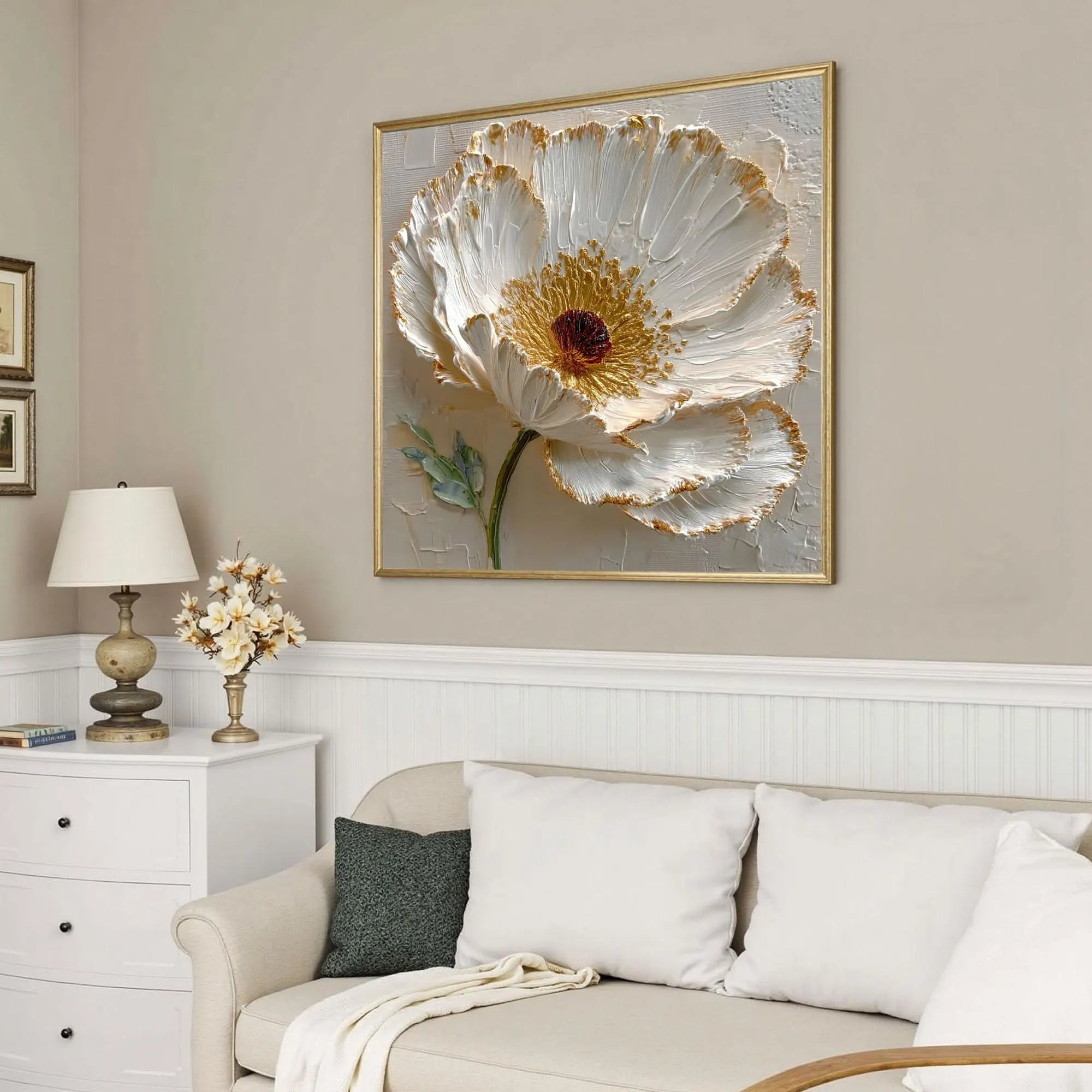 Gilded Petals – Hand-Painted White Blossom 3D Relief Heavy Texture Gold Rim Floral Painting | Modern Luxury Botanical Bedroom & Living Room Art