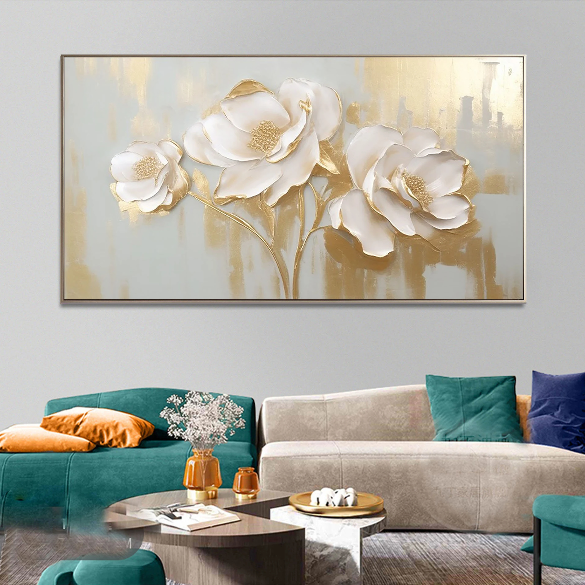 Golden Elegance – Hand-Painted Light Grey and Gold Foil 3D Relief Plaster Effect Floral Painting | Modern Luxury Botanical Bedroom & Living Room Art