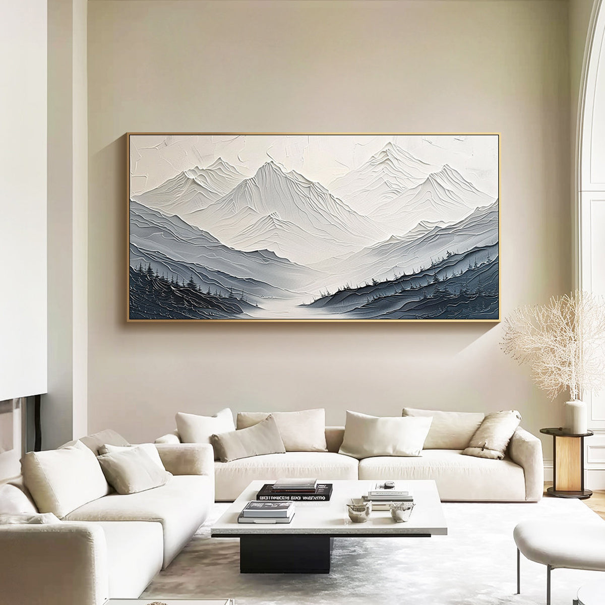 MISTY RANGE: Mountain Wall Art, Hand-Painted Grey Ridge Forest Landscape Impasto Textured Oil Painting