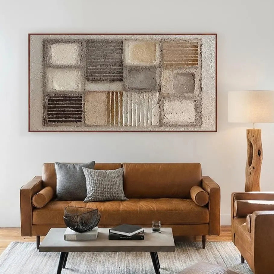 Earthen Mosaic – Modern Neutral Plaster Relief Grid Wabi-Sabi Painting | Japandi Organic Wabi-Sabi Living Room & Hallway Art