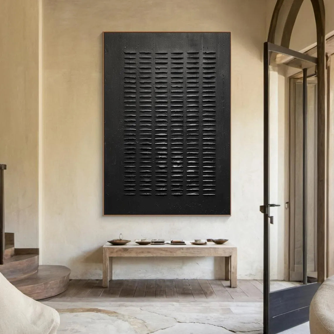 Onyx Matrix – Hand-Painted Minimalist All-Black Plaster Effect Wabi-Sabi Painting | Modern Noir Wabi-Sabi Living Room & Home Office Art