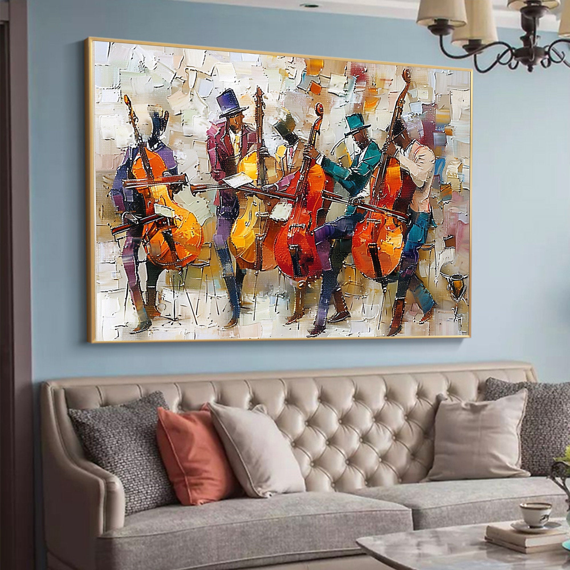 Jazz Rhythm – Hand-Painted Abstract Cello Ensemble Musical Palette Knife Textured Oil Portrait Painting | Contemporary Expressionist Living Room & Office Art