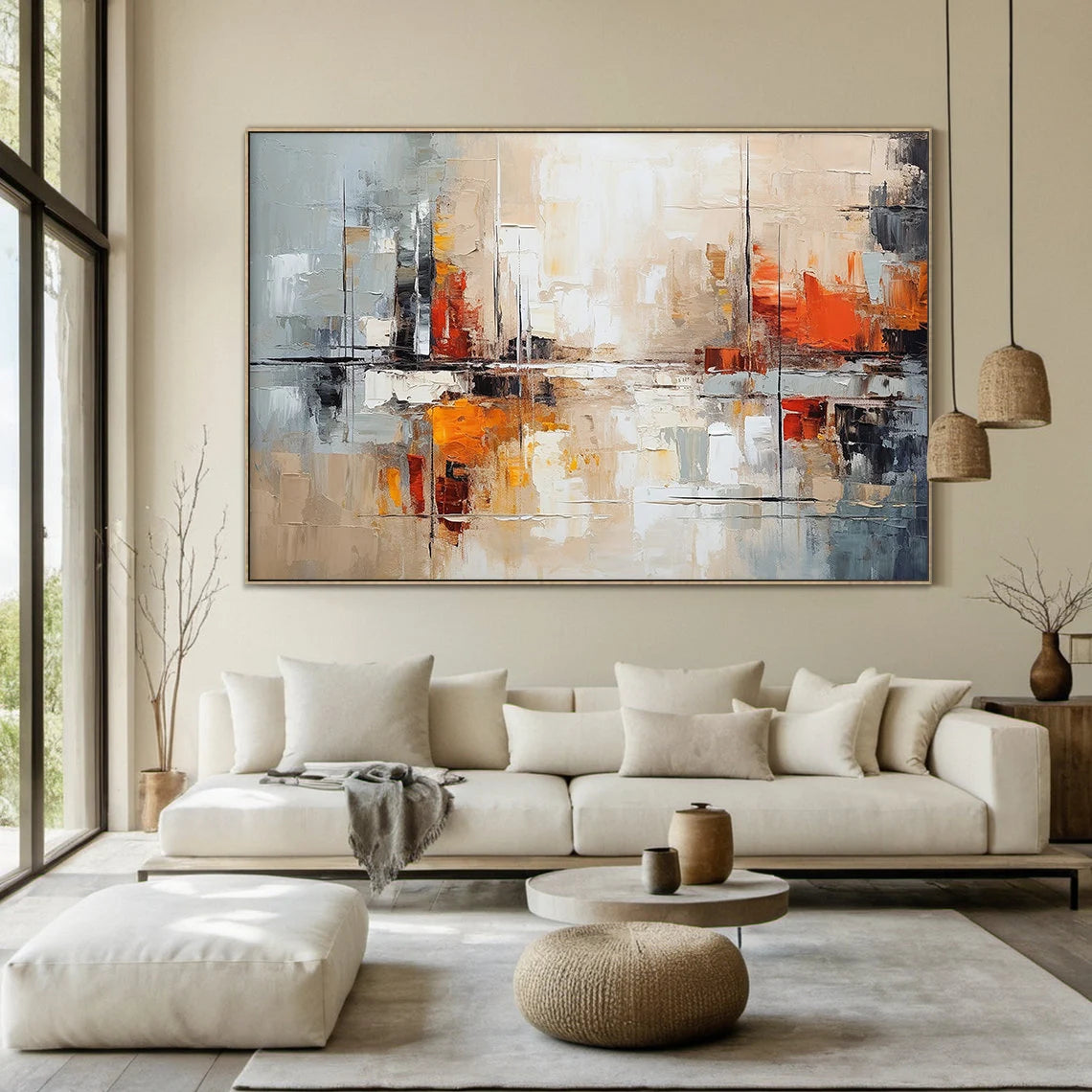 Urban Glow – Modern Orange & Grey Palette Knife Relief Abstract Painting | Modern Abstract Living Room & Office Art