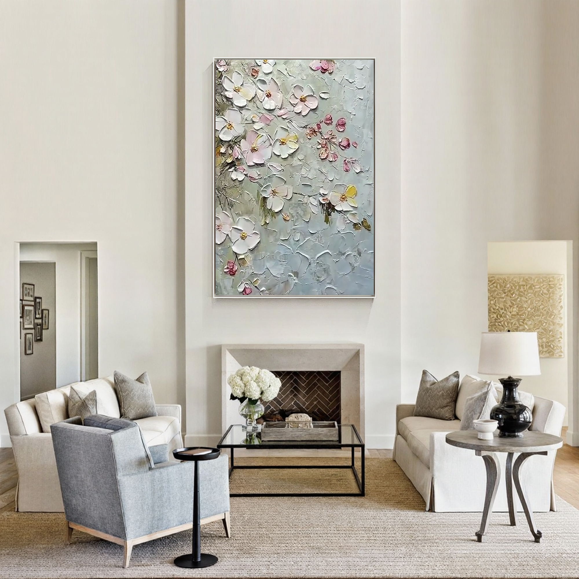 Silver Petals – Hand-Painted Grey and Soft Pink Cherry Blossom 3D Relief Plaster Floral Painting | Contemporary Botanical Bedroom & Living Room Art