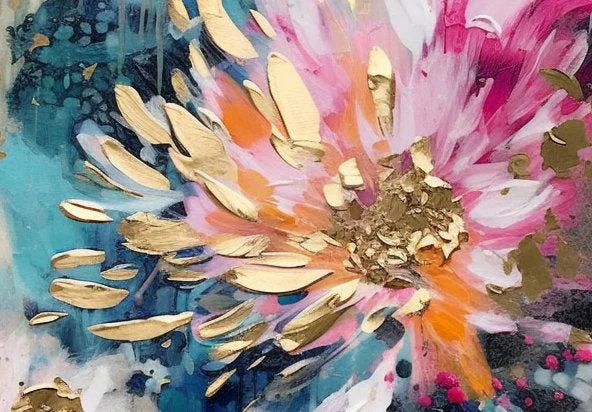 Aurora Bloom – Hand-Painted Multicolored Pink and Teal Gold Foil Abstract Floral Painting | Modern Luxury Botanical Bedroom & Living Room Art