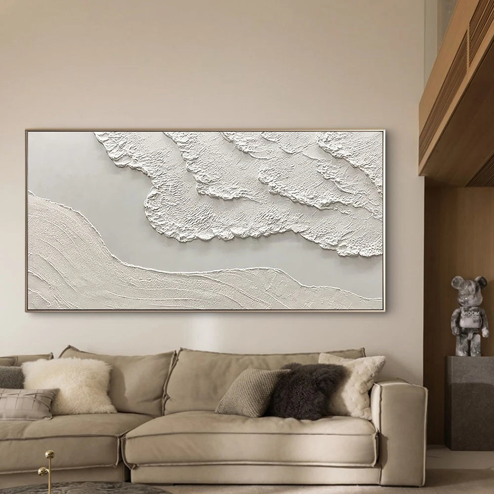 WHITE CLIFF: Texture Wall Art, Hand-Painted Horizontal Minimalist White Plaster Effect Relief 3D Textured Studio Art