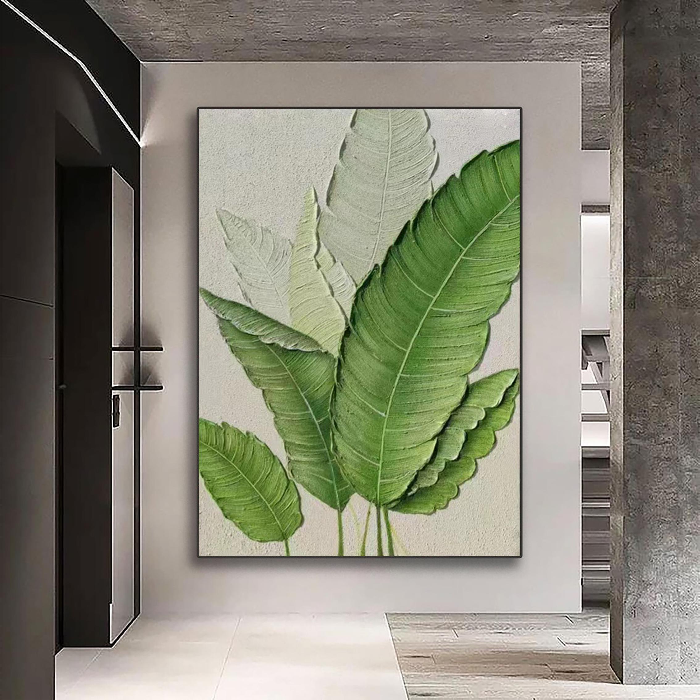 Verdant Leaf – Hand-Painted Fresh Green Banana Leaf Plaster Relief Floral Painting | Tropical Botanical Bedroom & Dining Room Art