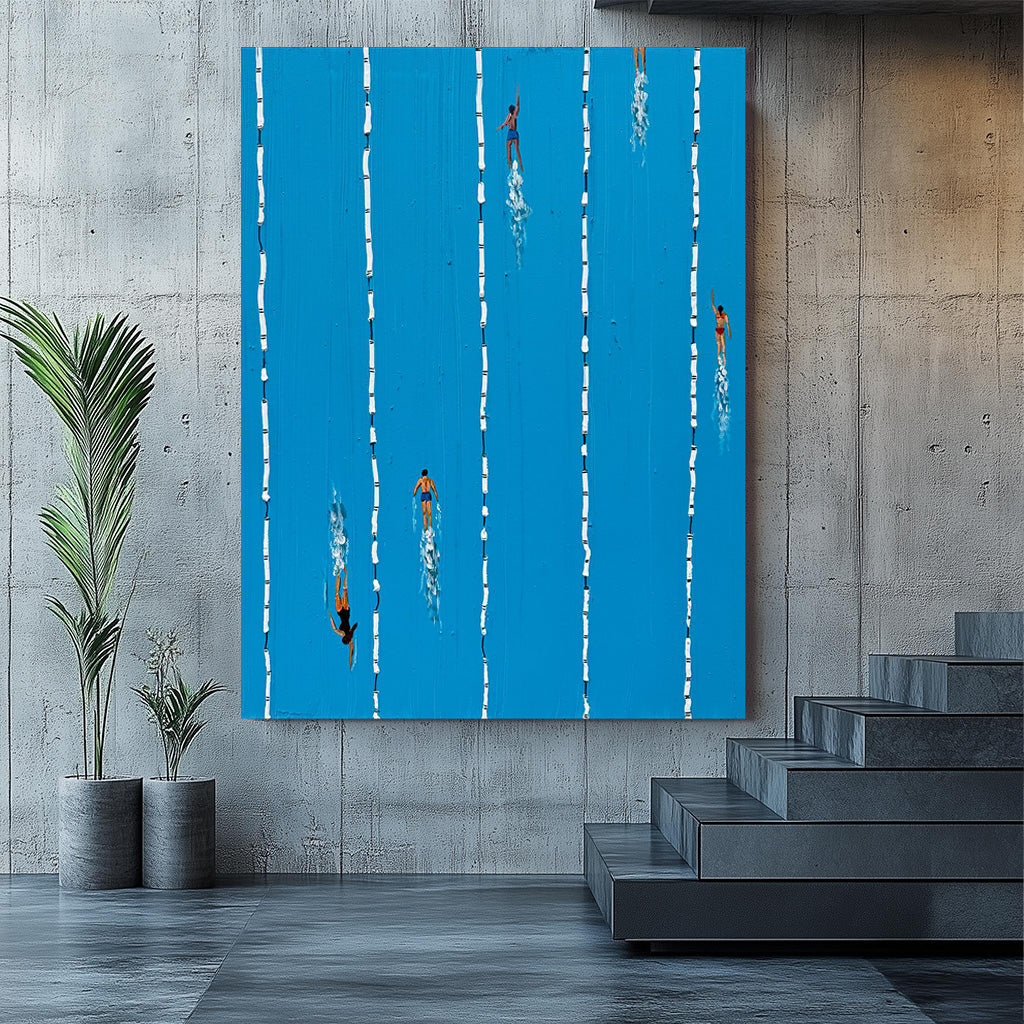 Summer Splash – Modern Swimming Pool Textured Painting | Minimalist Vibrant Blue Home Office Art